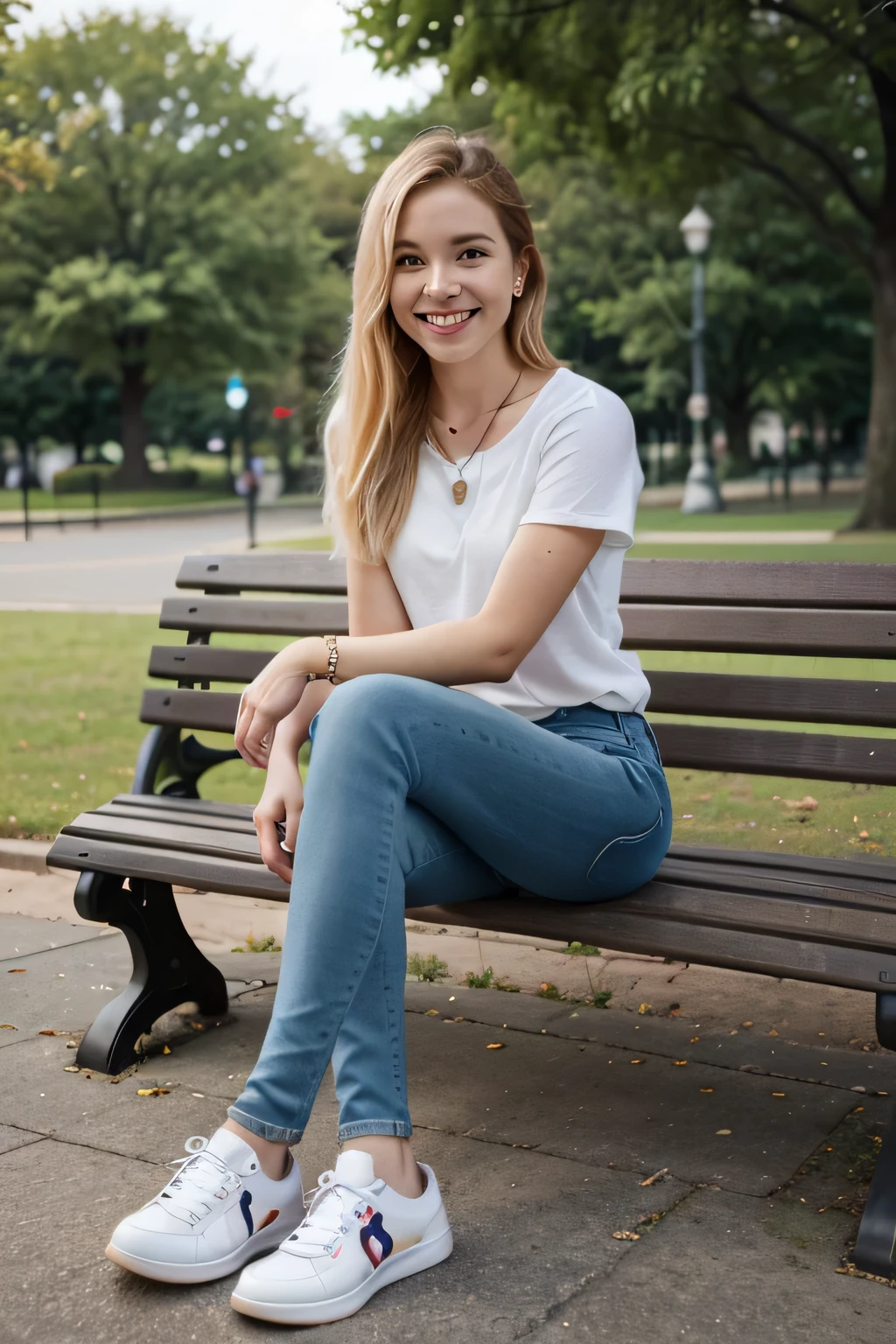 Highest quality, Woman sitting on a park bench、Full body photo、,smile、Beautiful teeth alignment、White women、Blonde Hair、Dark eyeliner、、Long sleeve blouse、Skinny jeans、sneakers、ear piercing、necklace, , Face Focus、The background is the building's corridor.