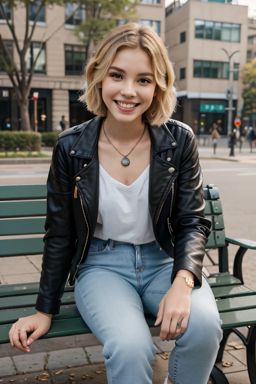 Thin White Woman、sitting on a park bench、Full body photo、smile、Beautiful teeth alignment、Blonde Hair、Blue eyes、Short Haircut、Wavy Hair、leather jacket、shirt、Skinny jeans、sneakers、Ear piercing、Necklace around the neck、