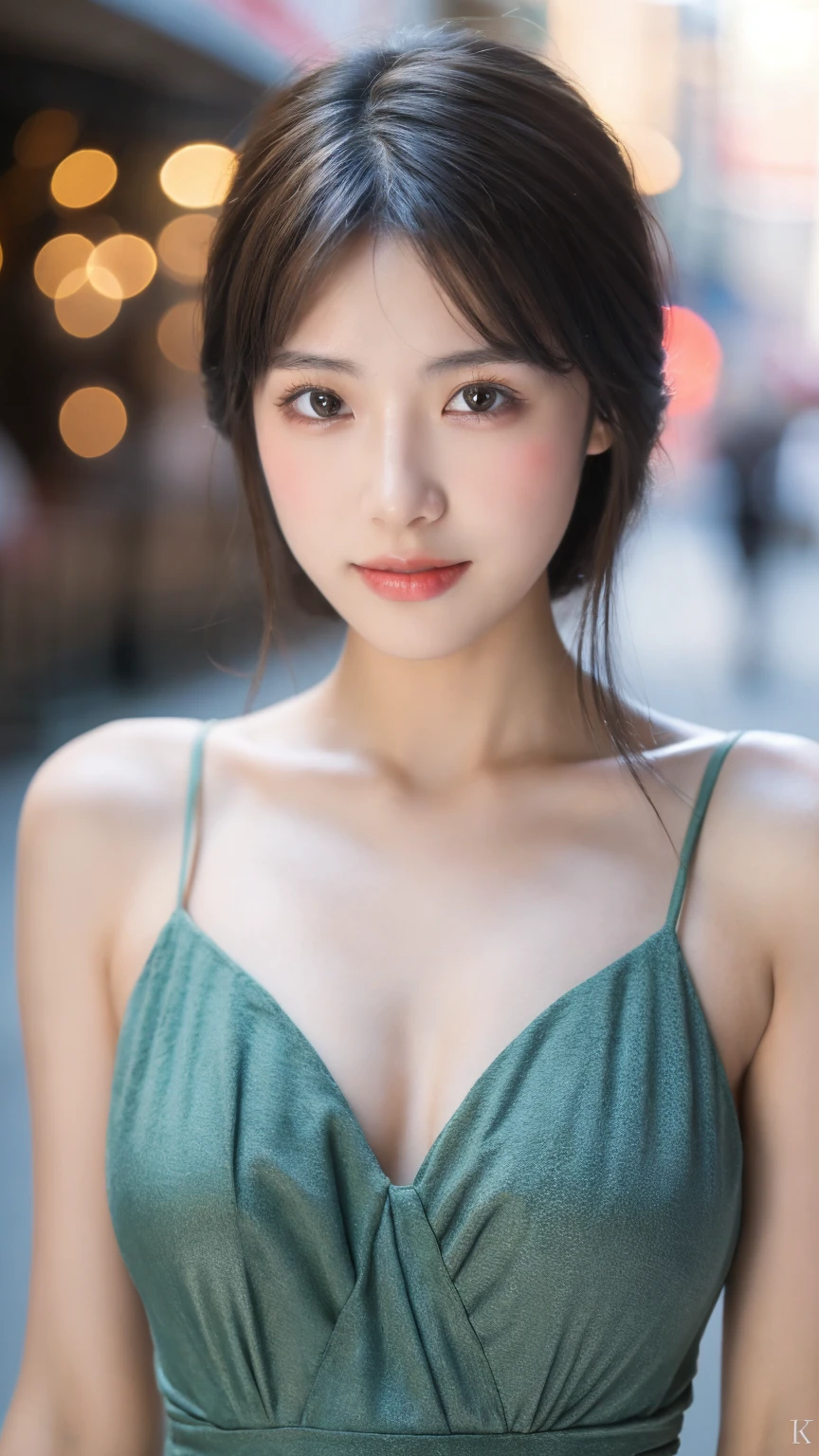 ((Best quality, 8k, masterpiece:1.3)),1girl,18 years old,Asian,Real texture:1.3,(Background blur:1.1),Dress Up,Tall and slender figure:1.2,(Hot summer weather),(street:1.3),Highly detailed face and skin textures,Exquisite eyes,Long eyelashes,Double eyelids,Skin Whitening,happy,Various lenses,Beautiful breasts