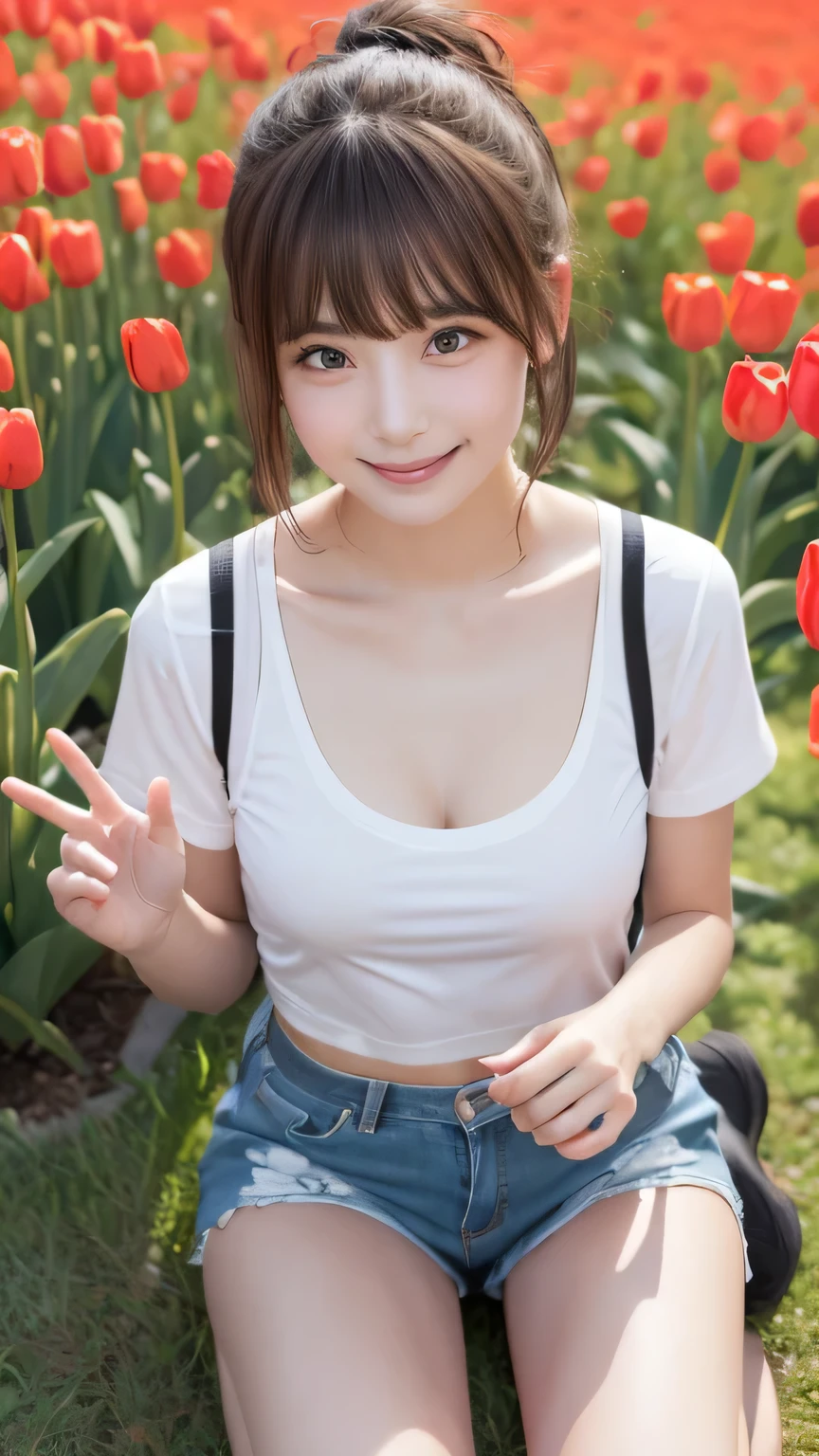 Best image quality (8k, High resolution, masterpiece: 1.2), Very detailed, Random Hairstyles, 26-year-old woman, 

Extraordinary beautiful girl、Cute and beautiful face details、(Dealing with the Children_v1:0.008)、


score_9, score_8_upper, score_7_upper, 
situation: A girl is enjoying a picnic in a tulip field。
clothing: Casual T-shirt and shorts、sneakers。
Pause: Sitting on a picnic sheet、Spreading out a lunch box。
Camera angle: Aerial shot from above、A photo of a picnic sheet and a tulip field。


,Active stop temporarily ,
On her side、The thunder danced。
Focus on the upper waist


, Random cute poses ,Big eyes ,Puffy eyes ,  Heart pupil, blush  , Big shy smile , salute

　

