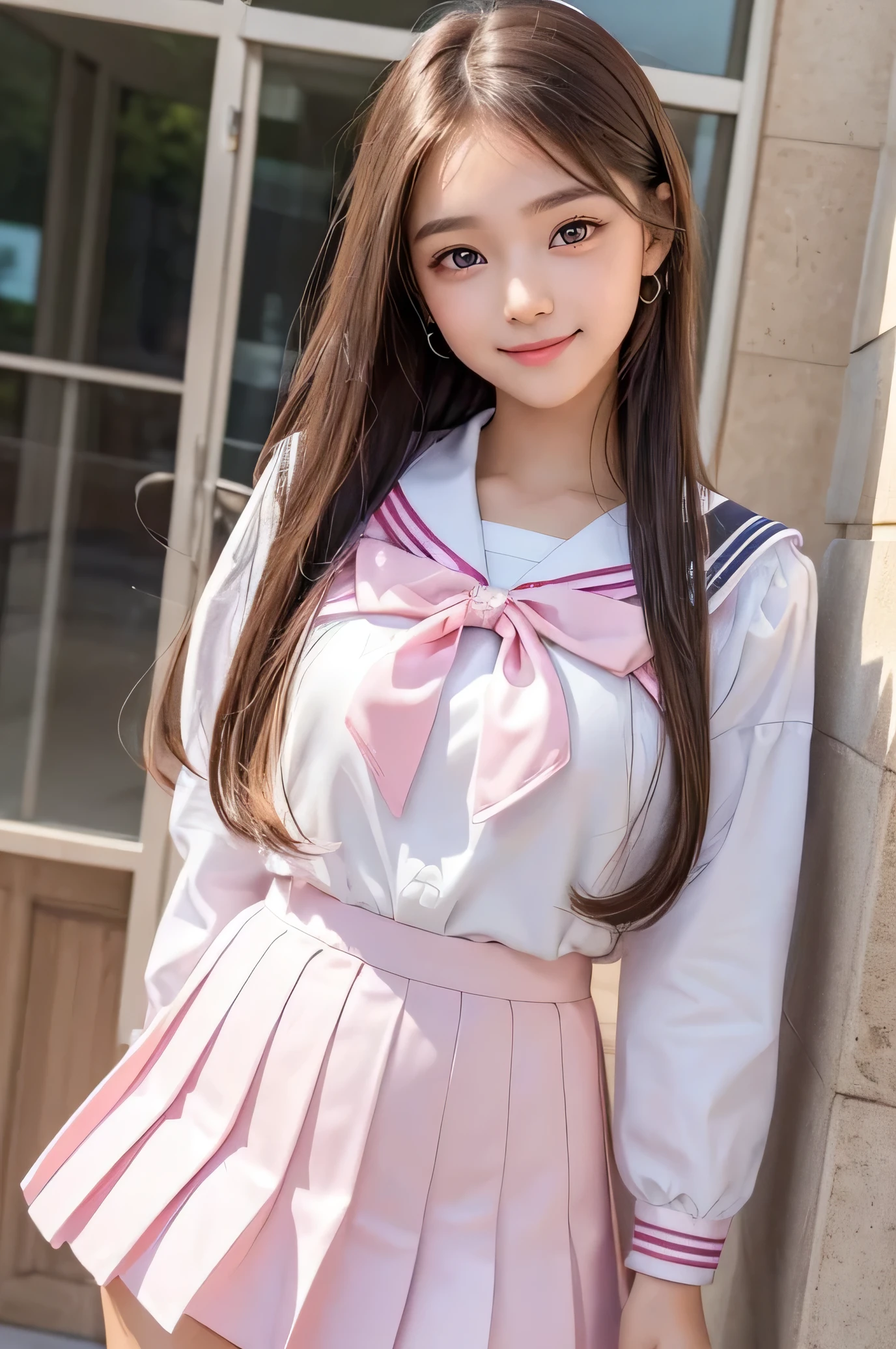 (Very beautiful cute girl), (very cute face:1.2),18 yo, baby face,(sparking crystal clear attractive large eyes:1.2), Beautiful detailed eyes, Detailed double eyelids, (smiling), (realistic photograph:1.1), long straight brown hair,super shiny light pink sailor high-school uniforms ,super shiny light pink pleated skirt, light pink sailor collar high-school uniform