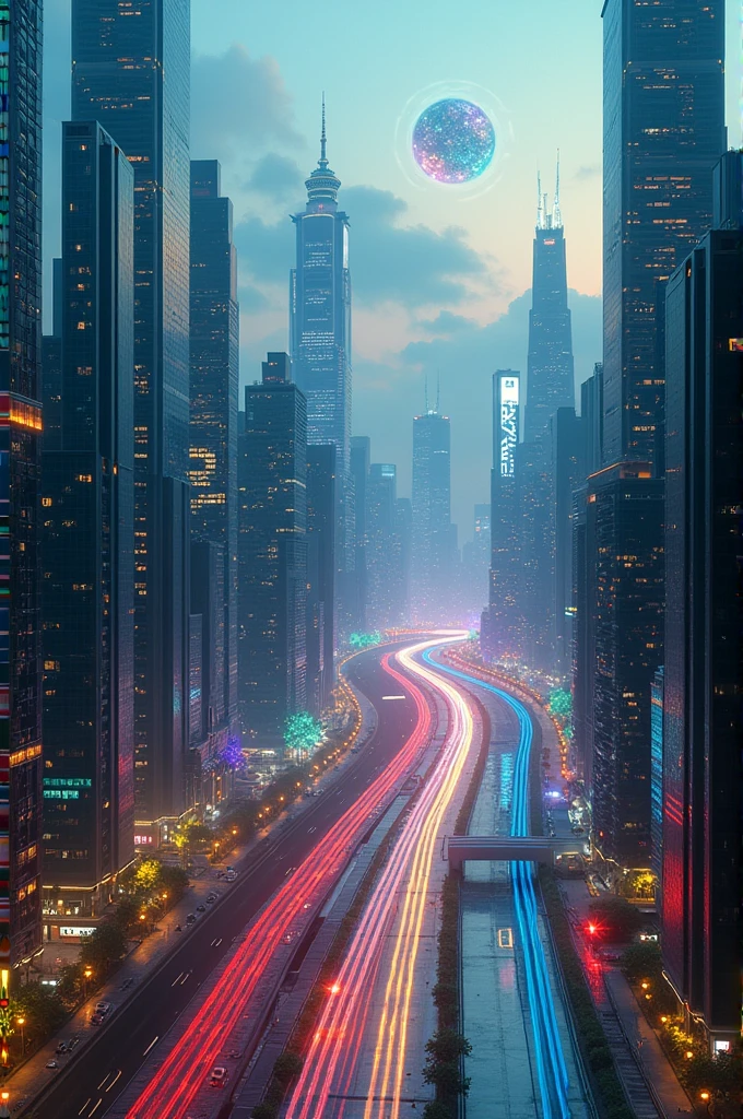 Emotion-Colored Metropolis:
"Futuristic cityscape viewed from above, with sleek skyscrapers of glass and metal. The entire city changes colors based on emotions: joy is bright yellow, sadness is deep blue, anger is red, and peace is green. Streets and walkways glow with emotional colors, flowing like waves through the city. Holographic displays float in the sky, visualizing the city's emotional state. A small legend in the bottom right corner explains the emotion-color correspondence. The scene is bathed in the soft light of dusk, with bioluminescent-like effects throughout. Cinematic wide-angle shot with deep depth of field."
