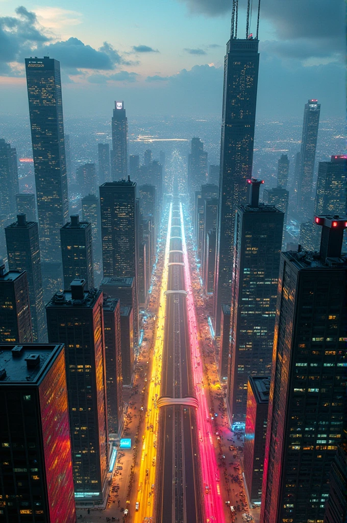 Emotion-Colored Metropolis:
"Futuristic cityscape viewed from above, with sleek skyscrapers of glass and metal. The entire city changes colors based on emotions: joy is bright yellow, sadness is deep blue, anger is red, and peace is green. Streets and walkways glow with emotional colors, flowing like waves through the city. Holographic displays float in the sky, visualizing the city's emotional state. A small legend in the bottom right corner explains the emotion-color correspondence. The scene is bathed in the soft light of dusk, with bioluminescent-like effects throughout. Cinematic wide-angle shot with deep depth of field."