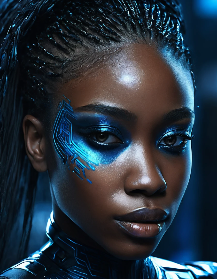 a close up of an ebony woman with a black and blue dress, 4k highly detailed digital art, 4k detailed digital art, realistic digital art 4k, realistic digital art 4 k, stunning digital illustration, portrait beautiful sci - fi girl, portrait of a sci - fi woman, digital artwork 4 k, the cyberpunk girl portrait, beautiful cyberpunk girl face, epic portrait illustration  