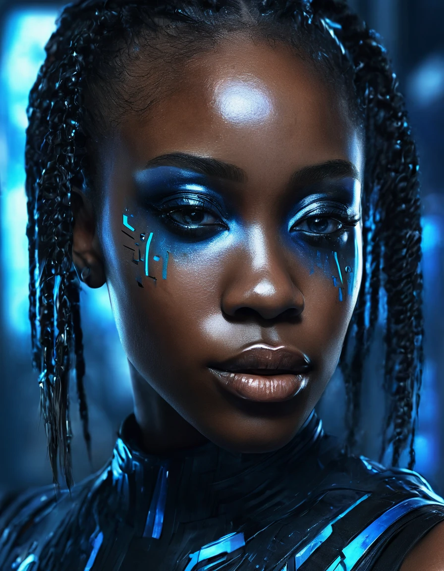 a close up of an ebony woman with a black and blue dress, 4k highly detailed digital art, 4k detailed digital art, realistic digital art 4k, realistic digital art 4 k, stunning digital illustration, portrait beautiful sci - fi girl, portrait of a sci - fi woman, digital artwork 4 k, the cyberpunk girl portrait, beautiful cyberpunk girl face, epic portrait illustration  