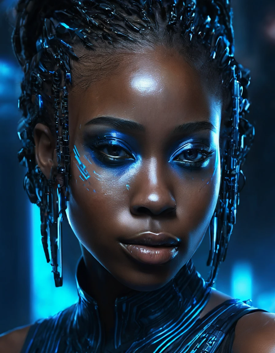 a close up of an ebony woman with a black and blue dress, 4k highly detailed digital art, 4k detailed digital art, realistic digital art 4k, realistic digital art 4 k, stunning digital illustration, portrait beautiful sci - fi girl, portrait of a sci - fi woman, digital artwork 4 k, the cyberpunk girl portrait, beautiful cyberpunk girl face, epic portrait illustration  