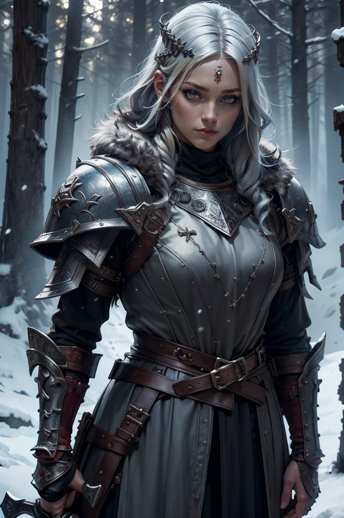 1girl, (warrior), winter clothes, (blood on face:0.8), (Norse:1.1),intricate, fur, shoulder armor, , long hair, (eyeliner:1), wind, blizzard, looking at viewer,jewelry,blue eyes ,detailed background, depth of field,glowing eyes (masterpiece, high quality:1), dual wielding,fist,Lady Knight，anatomical correct，epic fantasy digital art，tmasterpiece，8k，high-definition resolution，detailed drawing，Quality Superior，, Epic composition,​masterpiece, Best Quality, detailed, Cinematics, 4k, Background with:Viking buildings built on snowy fjord cliffs, Fierce viking woman warrior wearing armor and fur coat with rune tattoos,(best quality,4k,highres),(realistic,physically-based rendering),a girl,armor:simple,winter,fur,holding a sword,serious expression,vivid colors,portrait,sharp focus,studio lighting,detail of the eyes,metal texture,cold environment,forest background,falling snow,smoke effect,(best quality,4k,highres),(realistic,physically-based rendering),a girl,armor:simple,winter,fur,holding a sword,serious expression,vivid colors,portrait,sharp focus,studio lighting,detail of the eyes,metal texture,cold environment,forest background,falling snow,smoke effect
