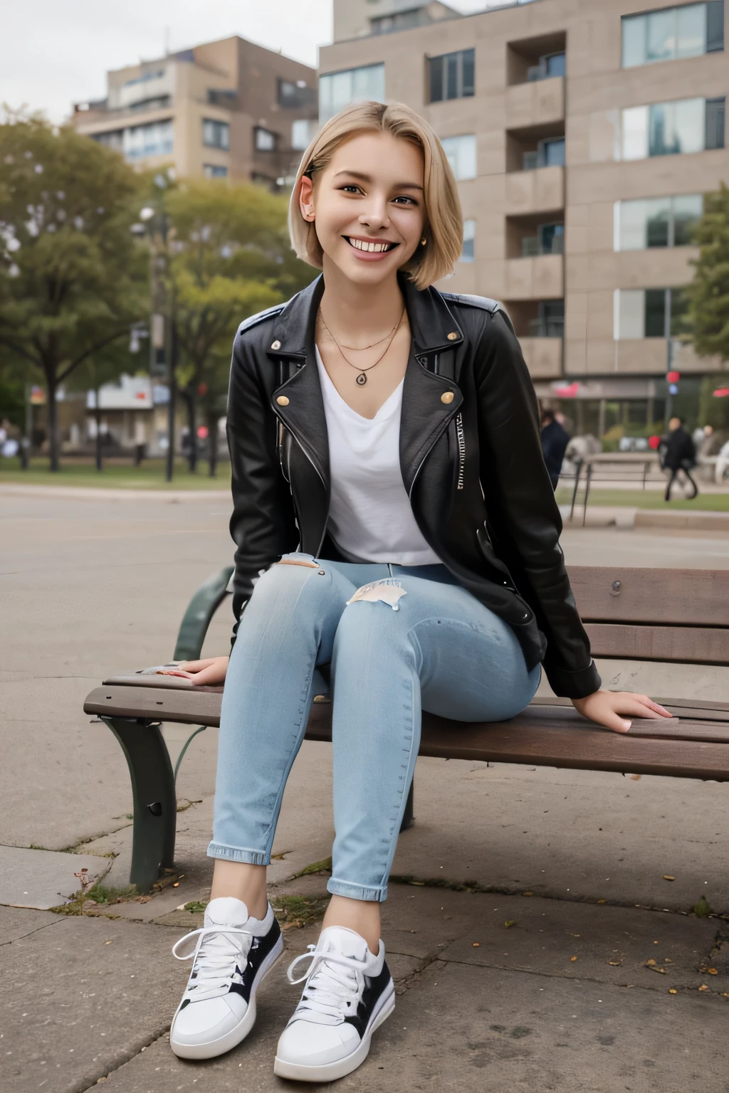 Highest quality, Woman sitting on a park bench、Full body photo、,smile、Beautiful teeth alignment、White women、Blonde Hair、Dark eyeliner、Short Haircut、、leather jacket、Skinny jeans、sneakers、ear piercing、necklace, , Face Focus、The background is the building's corridor.
