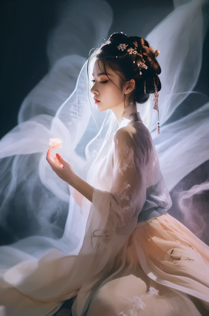 Double Exposure Style,Volumetric Lighting,a girl with Tulle skirt,head tilt,Traditional Attire,Artistic Calligraphy and Ink,light depth,dramatic atmospheric lighting,Volumetric Lighting,double image ghost effect,image combination,double exposure style