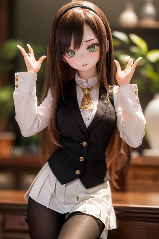 (SFW:2), photorealistic, realistic photo, 8k, ((highest quality)), ((masterpiece)), (extremely detailed), kukolnydom, doll, (mature woman, 21yo, 21 years old, solo:1.6), ((cowboy shot, dynamic pose, slim, slender, skinny, medium breasts, hairband, ascot, vest, blouse, long puff sleeves, pleated skirt, black pantyhose)), (green eyes, brown hair, long hair, plastic skin, looking at another, glass eyes, gradient eyes, shining eyes, detailed eyes:1.3)