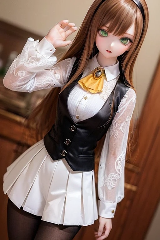 (SFW:2), photorealistic, realistic photo, 8k, ((highest quality)), ((masterpiece)), (extremely detailed), kukolnydom, doll, (mature woman, 21yo, 21 years old, solo:1.6), ((cowboy shot, stylish pose, slim, slender, skinny, medium breasts, bowler hat, frilled shirt, long puff sleeves, corset, tiered pannier skirt, thigh-high socks)), (green eyes, brown hair, long hair, plastic skin, looking at another, glass eyes, gradient eyes, shining eyes, detailed eyes:1.3)