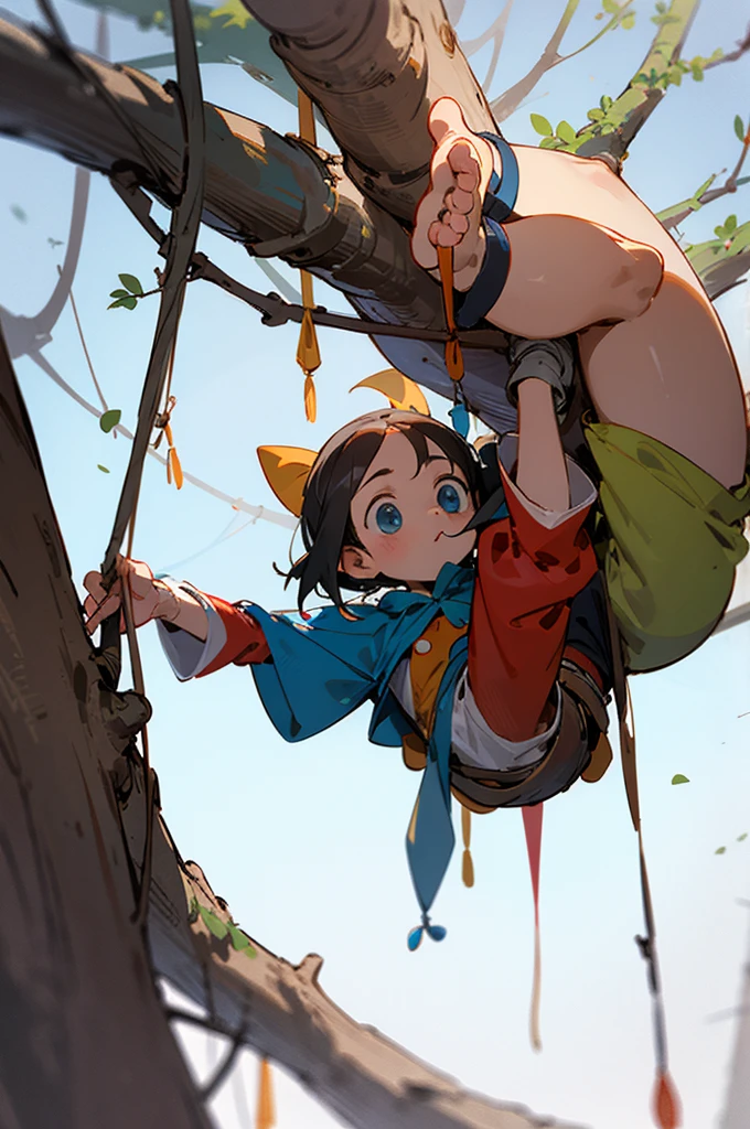 Pinocchio hanging from a tree with his feet tied