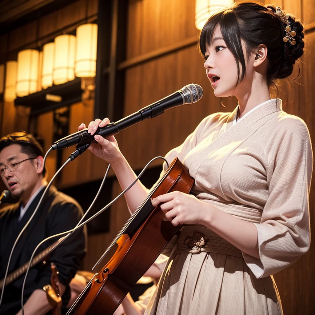 On a traditional Japanese stage、A scene of a Japanese female vocalist performing in traditional Japanese clothing。She wears a beautiful dress、With classical instruments、She showcases her emotional singing voice。The stage is decorated in a Japanese style.、An attractive live music scene that combines tradition and modernity