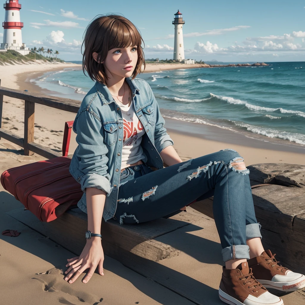 Max Caulfield from Life is Strange, blue eyes, brown short hair, bangs, freckles, wearing white shirt, red flannel jacket, dark ripped jeans, black shoes, holding a polaroid camera, sitting on a bench, background beach with a Lighthouse and a blue butterfly, make it single style