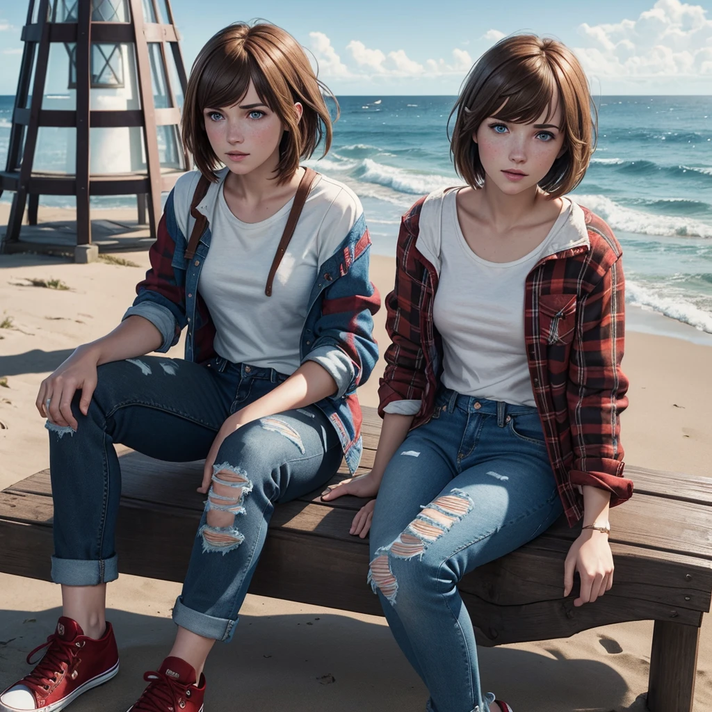 Max Caulfield from Life is Strange, blue eyes, brown short hair, bangs, freckles, wearing white shirt, red flannel jacket, dark ripped jeans, black shoes, holding a polaroid camera, sitting on a bench, background beach with a Lighthouse and a blue butterfly, make it single style