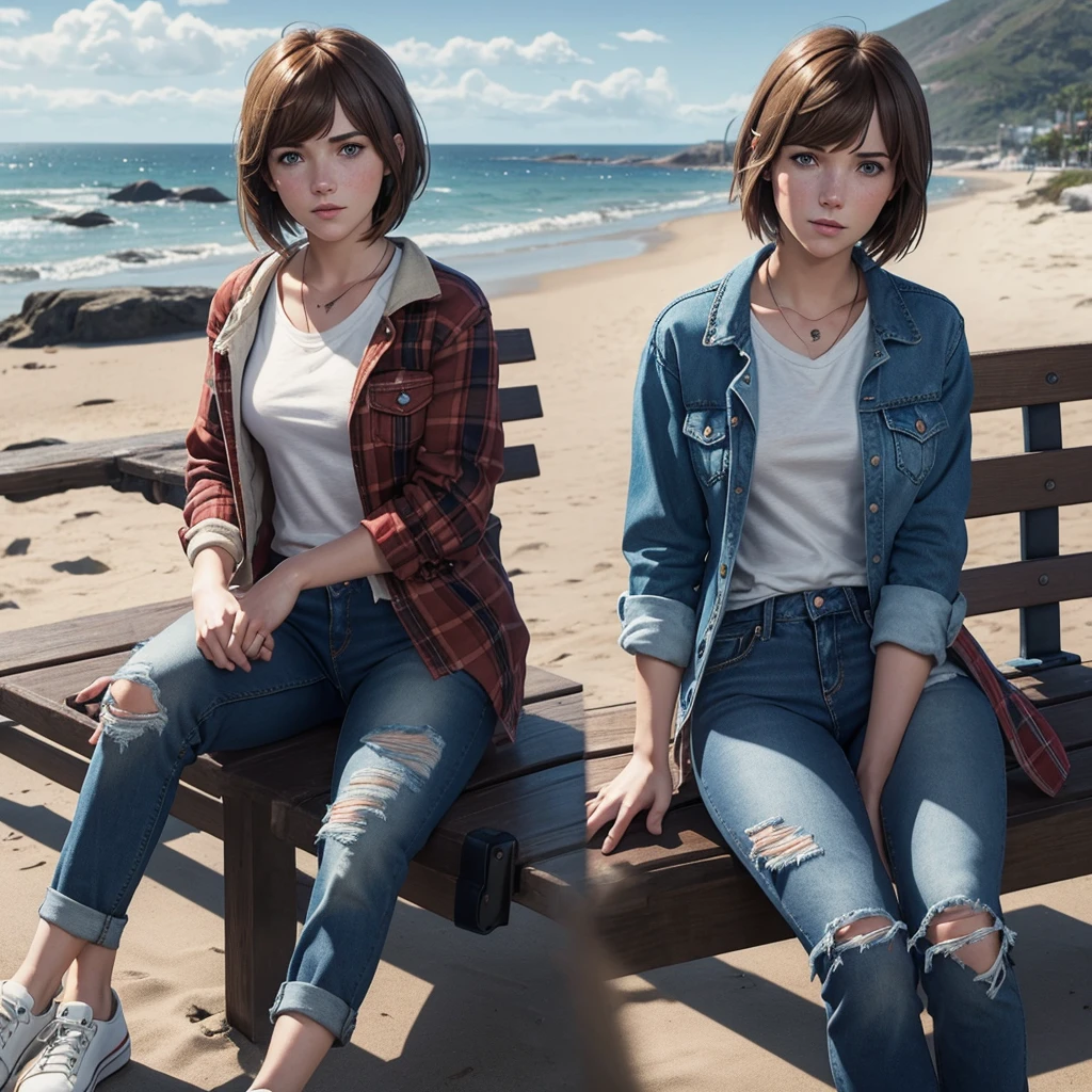 Max Caulfield from Life is Strange, blue eyes, brown short hair, bangs, freckles, wearing white shirt, red flannel jacket, dark ripped jeans, black shoes, holding a polaroid camera, sitting on a bench, background beach with a Lighthouse and a blue butterfly, make it single style