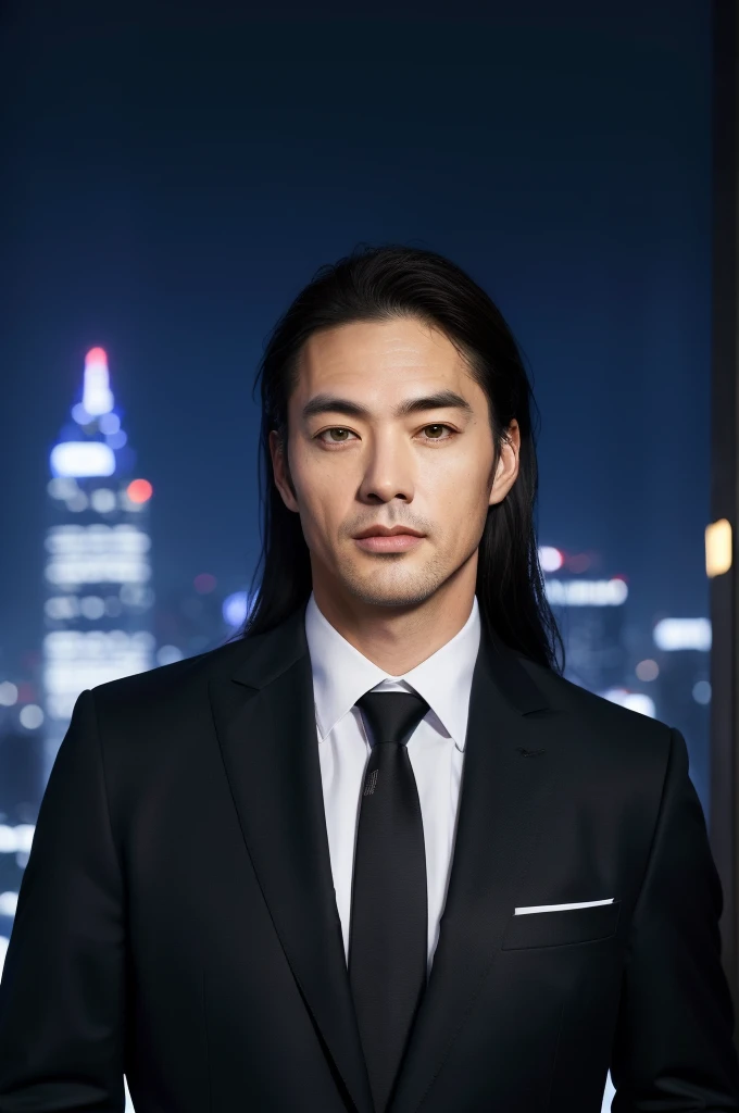 (absurdres, highres, ultra detailed, realistic, ), 1 male, solo, adult, mature, tall  guy, broad shoulders, handsome, very long hair, black hair, brown eyes, angular jaw, thick neck, thick eyebrows, night, dark, the night view of the city background, formal suit, necktie, upper body
Slimmer body