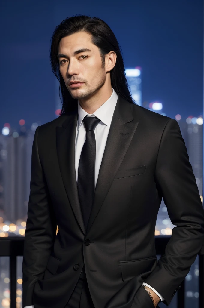 (absurdres, highres, ultra detailed, realistic, ), 1 male, solo, adult, mature, tall guy, broad shoulders, handsome, very long hair, black hair, brown eyes, angular jaw, thick neck, thick eyebrows, night, dark, the night view of the city background, formal suit, necktie, upper body
Slimmer body