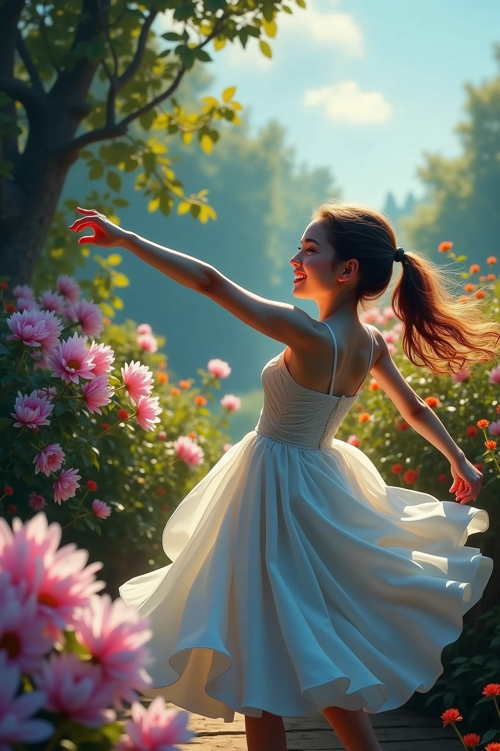 a girl in a flowing dress, dancing gracefully,beautiful detailed eyes,beautiful detailed lips,extremely detailed eyes and face,longeyelashes,elegant movement,active pose,twirling skirt,natural lighting,warm color palette,(best quality,4k,8k,highres,masterpiece:1.2),ultra-detailed,(realistic,photorealistic,photo-realistic:1.37),intricate details,vibrant colors,soft focus,oil painting,cinematic lighting