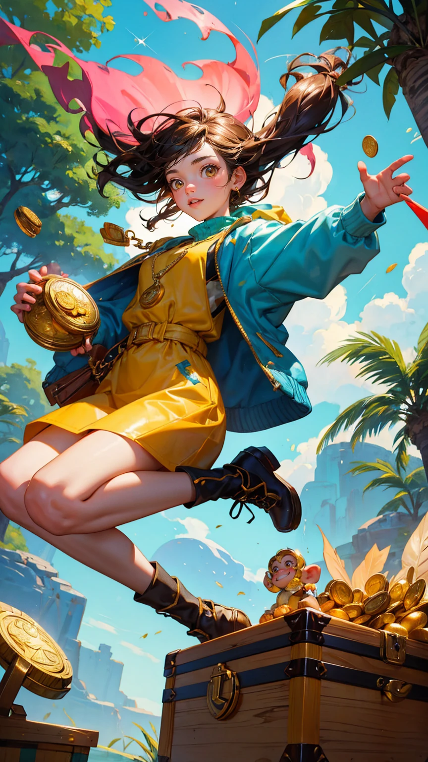 A vibrant and playful scene featuring a cartoon monkey holding a net and leaping joyfully next to a treasure chest labeled 'KYC' overflowing with gold coins. The background includes shiny, reflective silver trees and a water surface with more gold coins scattered around. Some coins are falling from the trees. Replace the cartoon monkey with a beautiful, cute girl while maintaining the same playful, vibrant style and energetic expression. Ensure the new character has similarly styled hair and clothing to fit seamlessly into the scene. The background, treasure chest, and overall color scheme should remain exactly the same, preserving the lively and whimsical feel of the image