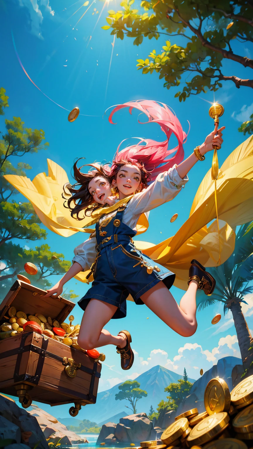 A vibrant and playful scene featuring a cartoon monkey holding a net and leaping joyfully next to a treasure chest labeled 'KYC' overflowing with gold coins. The background includes shiny, reflective silver trees and a water surface with more gold coins scattered around. Some coins are falling from the trees. Replace the cartoon monkey with a beautiful, cute girl while maintaining the same playful, vibrant style and energetic expression. Ensure the new character has similarly styled hair and clothing to fit seamlessly into the scene. The background, treasure chest, and overall color scheme should remain exactly the same, preserving the lively and whimsical feel of the image