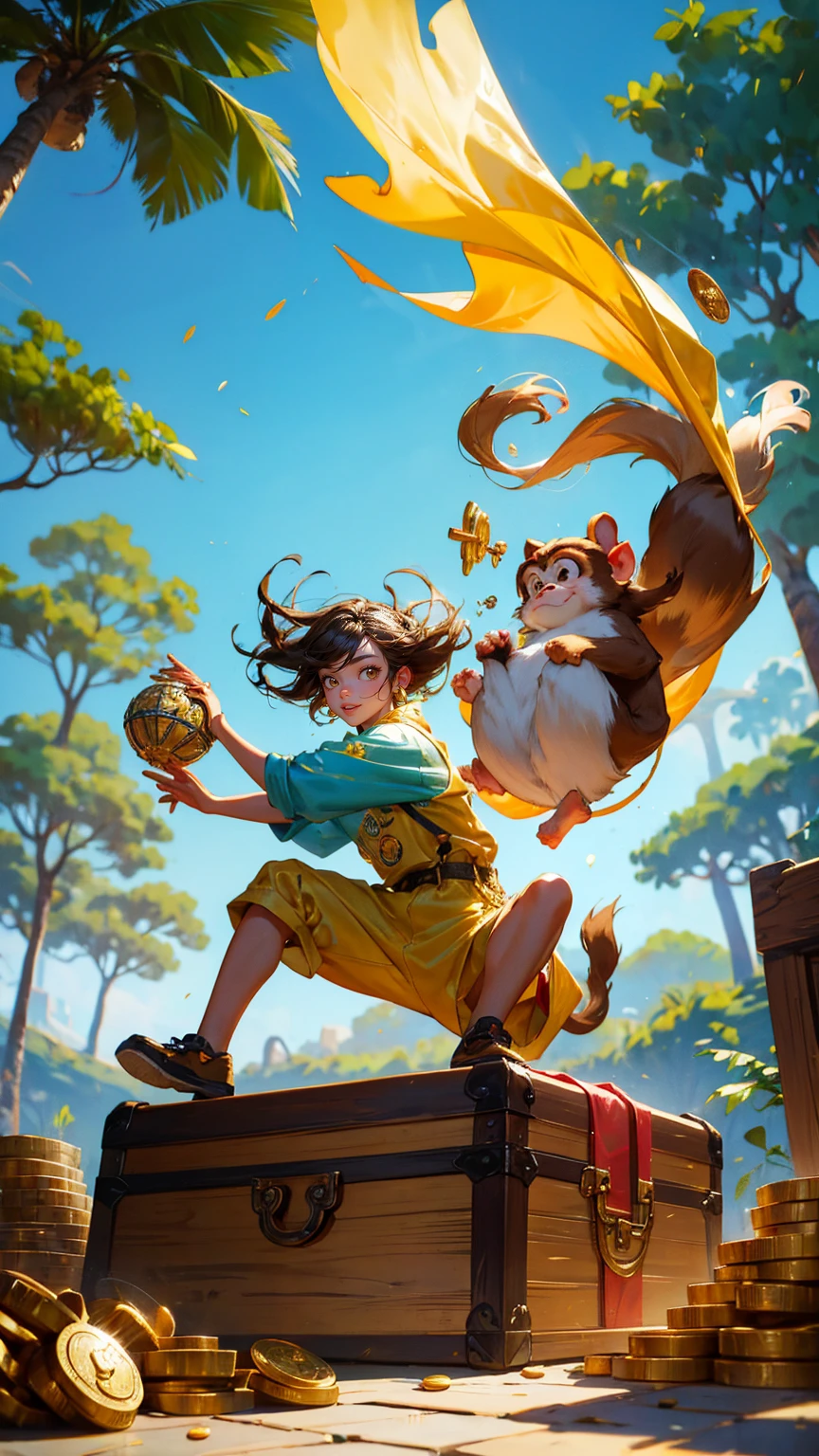 A vibrant and playful scene featuring a cartoon monkey holding a net and leaping joyfully next to a treasure chest labeled 'KYC' overflowing with gold coins. The background includes shiny, reflective silver trees and a water surface with more gold coins scattered around. Some coins are falling from the trees. Replace the cartoon monkey with a beautiful, cute girl while maintaining the same playful, vibrant style and energetic expression. Ensure the new character has similarly styled hair and clothing to fit seamlessly into the scene. The background, treasure chest, and overall color scheme should remain exactly the same, preserving the lively and whimsical feel of the image