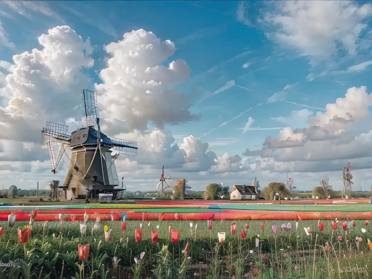 Landscape of the Netherlands, Windmills and tulip fields, Wide blue sky, Vibrant colors