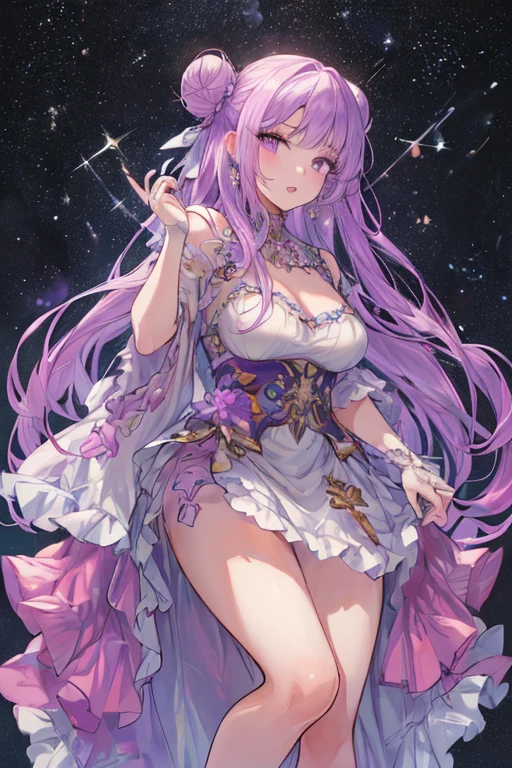 a highly detailed anatomically correct anime style portrait of a young woman, flowing purple hair that sparkles like stars in a night sky, beautiful detailed eyes, beautiful detailed nose, beautiful detailed lips, long eyelashes, shiny glossy hair styled in twin buns, heart-shaped earrings, open mouth expression, glimmering effects, digital illustration, anime art, full body, (best quality,4k,8k,highres,masterpiece:1.2),ultra-detailed,(realistic,photorealistic,photo-realistic:1.37),HDR,UHD,studio lighting,ultra-fine painting,sharp focus,physically-based rendering,extreme detail description,professional,vivid colors,bokeh,elegant dress,low angle view