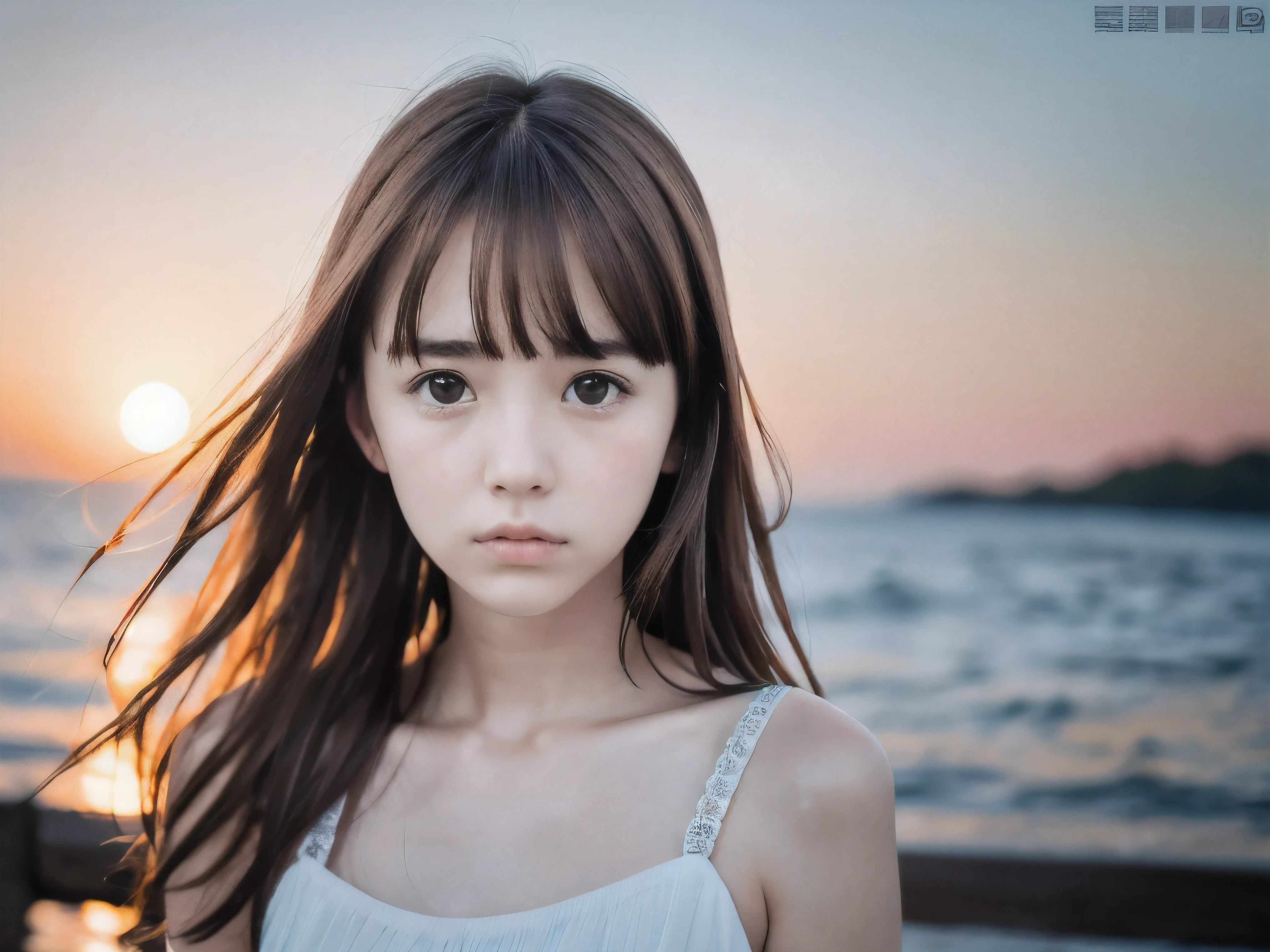 (Close up face shot of slender small-breasted red brown wavy long hair with dull bangs girl wearing a white summer dress:1.5)、(One girl is crying face with tears at the cape of the sea in Japan:1.5)、(Beautiful midnight with full moon on the sea:1.5)、(blurred background:1.5)、(Natural light:1.5)、(8k ultra detailed master piece:1.5)、(perfect anatomy:1.5)、(Photorealistic stick:1.5)、(Raw photo:1.3)、(highest quality:1.5)、(High resolution:1.3)、(Delicate and beautiful perfect face:1.3)、(Delicate and beautiful eye air skin:1.3)、(Real Human Skin:1.3)、((thin legs))