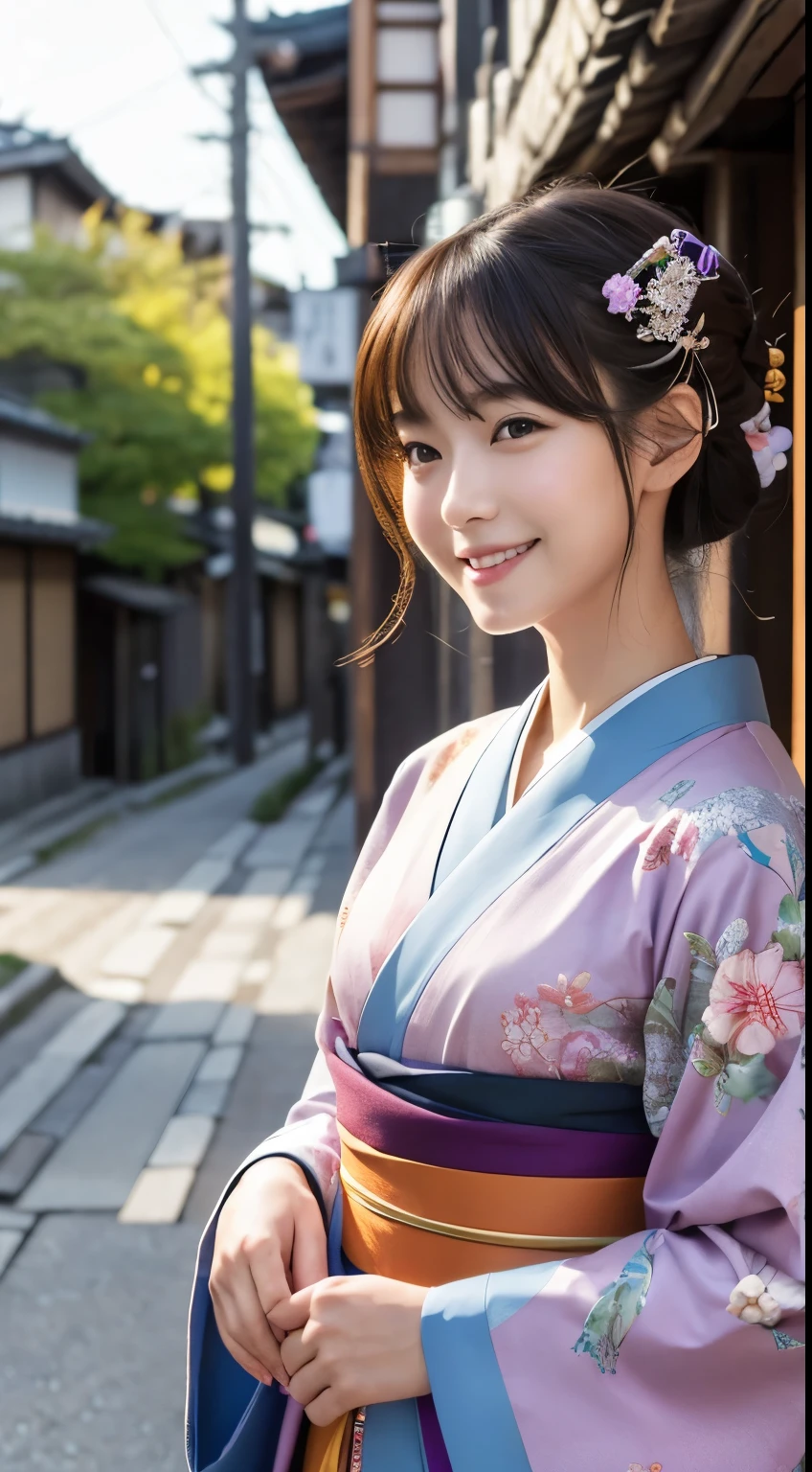 Professional Lighting,(Realistic:1.4), (Top image quality:1.0), (超High resolution:1.0), 8k, Raw photography, (masterpiece:0.2), (Dealing with the Children_v1:0.5)、(最高quality Detail:1.2)、Realistic、8kウルトラHD、High resolution、(1 girl:1.2)、超detailedな、High quality textures、複雑なdetailed、detailed、Very detailed CG、High quality shadows、detailed 美しく繊細な顔、Beautiful details and a delicate eye、(Symmetrical eyes:1.2),Written boundary depth、Ray Tracing,1 girl, Japanese Girls, (Natural smile:1.4),cute, thin, Portrait of a beautiful Japanese woman in a kimono, Standing elegantly on a street corner in Kyoto. Kimono with vibrant traditional patterns, Hair decorated with elegant and delicate hairpins, Gentle expression. (With the old streets of Kyoto in the background:1.4)、The soft light of a spring afternoon、Adding tranquility to the scene. Rendered in a Realistic style with great attention to detail, High resolutionの画像.Sky Porn, Magic Hour, (Realistic:1.3), finely, quality, (Tabletop:1.2), (Realistic:1.2), (最高quality), (複雑なdetailed), dramatic, Ray Tracing, photograph, +roller