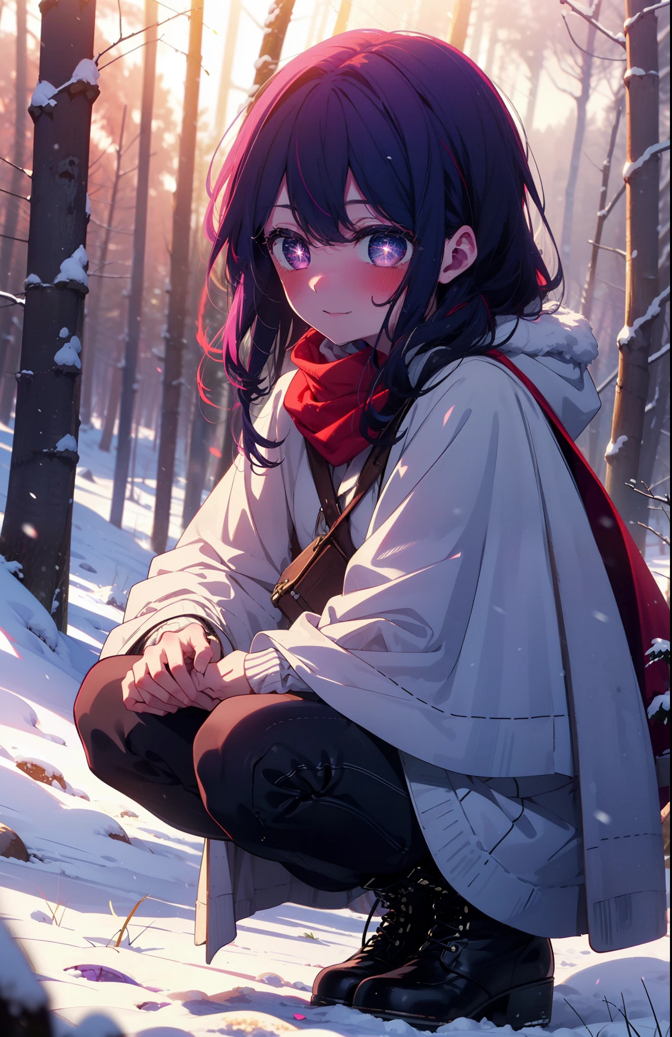 aihoshino, Ai Hoshino, Long Hair, bangs, (Purple eyes:1.1), Purple Hair, (Symbol-shaped pupil:1.5), smile,,smile,blush,white breath,
Open your mouth,snow,Ground bonfire, Outdoor, boots, snowing, From the side, wood, suitcase, Cape, Blurred, , forest, White handbag, nature,  Squat, Mouth closed, Cape, winter, Written boundary depth, Black shoes, red Cape break looking at viewer, Upper Body, whole body, break Outdoor, forest, nature, break (masterpiece:1.2), Highest quality, High resolution, unity 8k wallpaper, (shape:0.8), (Beautiful and beautiful eyes:1.6), Highly detailed face, Perfect lighting, Extremely detailed CG, (Perfect hands, Perfect Anatomy),