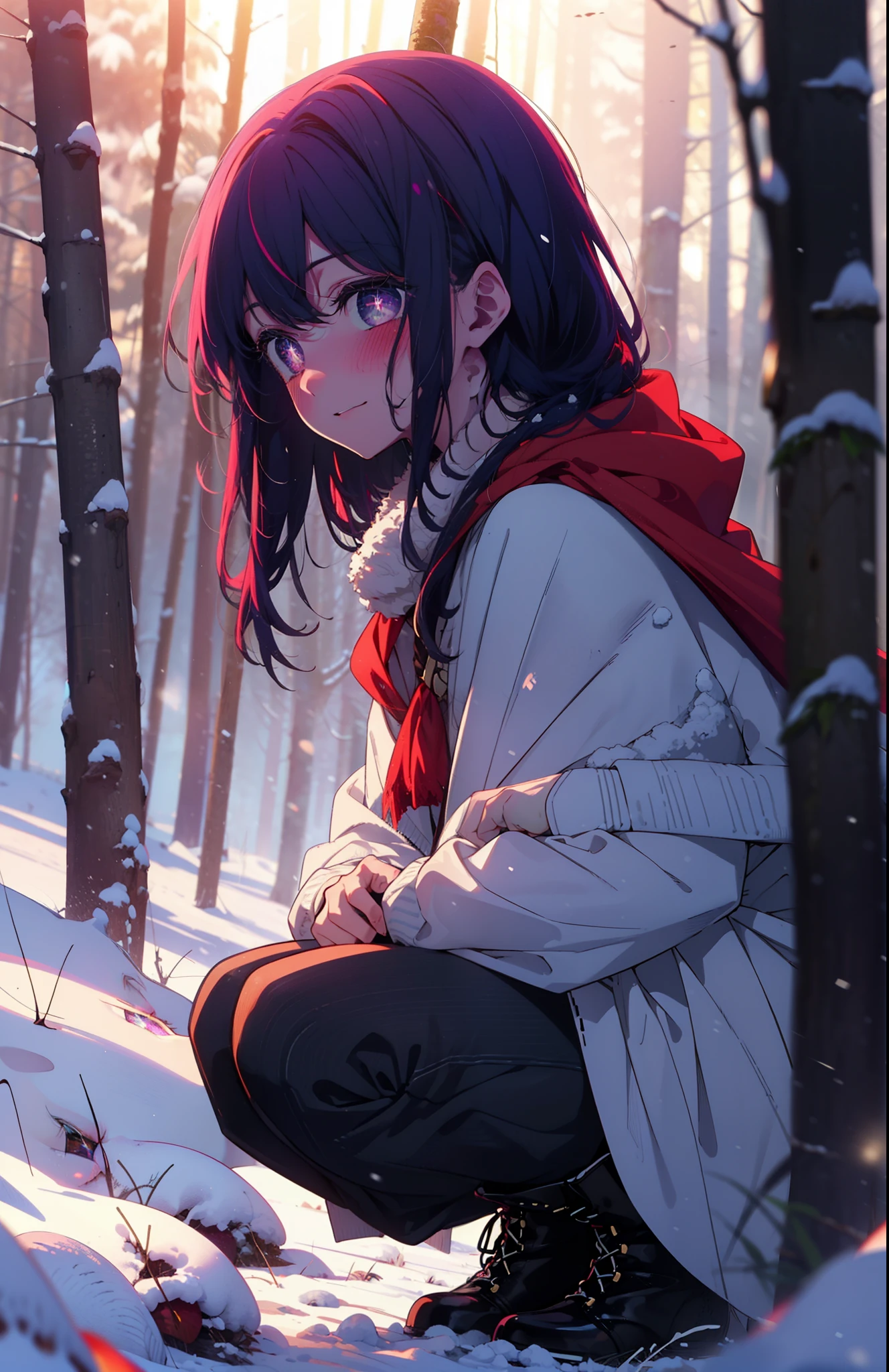 aihoshino, Ai Hoshino, Long Hair, bangs, (Purple eyes:1.1), Purple Hair, (Symbol-shaped pupil:1.5), smile,,smile,blush,white breath,
Open your mouth,snow,Ground bonfire, Outdoor, boots, snowing, From the side, wood, suitcase, Cape, Blurred, , forest, White handbag, nature, Squat, Mouth closed, Cape, winter, Written boundary depth, Black shoes, red Cape break looking at viewer, Upper Body, whole body, break Outdoor, forest, nature, break (masterpiece:1.2), Highest quality, High resolution, unity 8k wallpaper, (shape:0.8), (Beautiful and beautiful eyes:1.6), Highly detailed face, Perfect lighting, Extremely detailed CG, (Perfect hands, Perfect ???????),