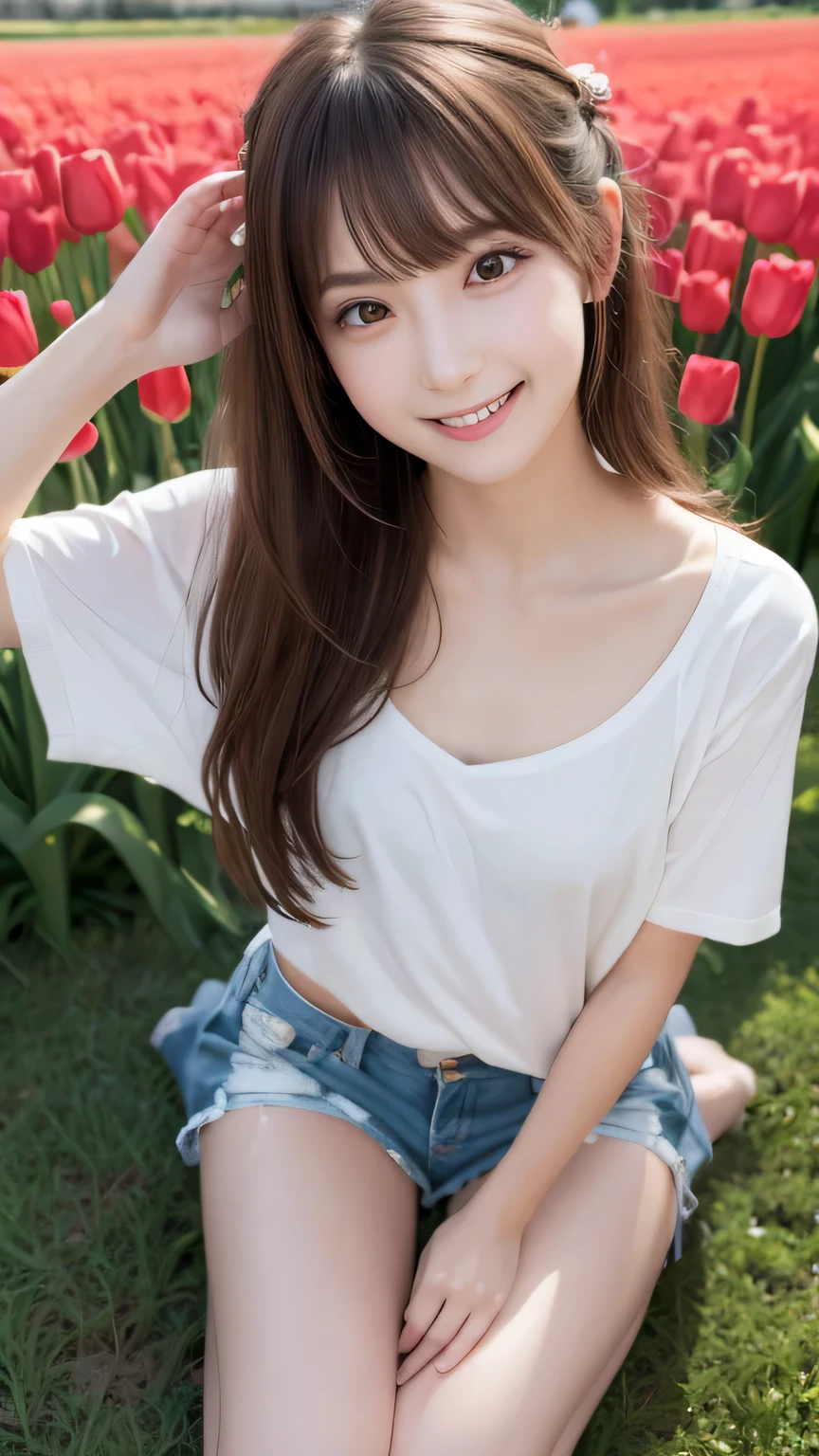 Best image quality (8k, High resolution, masterpiece: 1.2), Very detailed, Random Hairstyles, 26-year-old woman, 

Extraordinary beautiful girl、Cute and beautiful face details、(Dealing with the Children_v1:0.008)、


score_9, score_8_upper, score_7_upper, 
situation: A girl is enjoying a picnic in a tulip field。
clothing: Casual T-shirt and shorts、sneakers。
Pause: Sitting on a picnic sheet、Spreading out a lunch box。
Camera angle: Aerial shot from above、A photo of a picnic sheet and a tulip field。


,Active stop temporarily ,
On her side、The thunder danced。
Focus on the upper waist


, Random cute poses ,Big eyes ,Puffy eyes ,  Heart pupil, blush  , Big shy smile , salute

　

