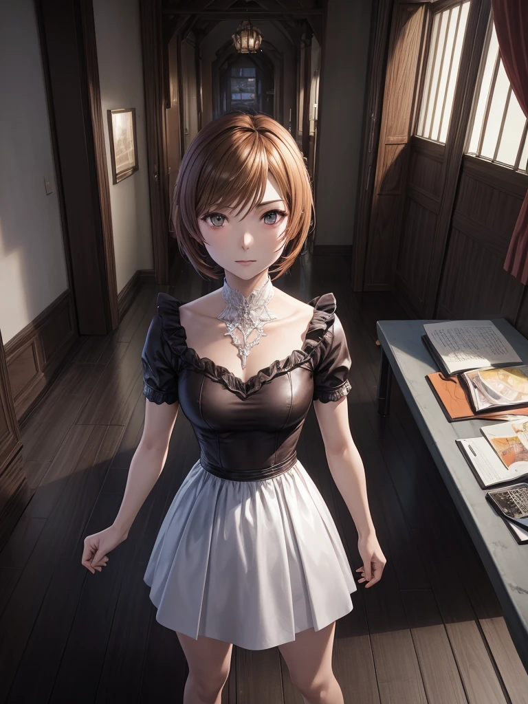 A woman in a brown dress is standing in the room., Female protagonist, Also, Female protagonist 👀 :8, Style Game Square Enix, sayori, ayami kojima amano, Inspired by Ryusuke Fukahori, For whom?, makoto shinka, kasumi arimura style 3/4, Female Characters, jin kagetsu