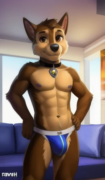 detailed fluffy fur texture, impasto impressionism, (by foxovh, ross tran, michael garmash, pino daeni, iskra), detailed eyes, highly detailed pupils, single, furry, anthro, Chase-pp, domestic dog, male, brown eyes, brown fur, light brown body, fur body, completely naked with jockstrap, large bulge, detailed texture of fluffy fur, curves, wide hips, furry inner ears, front view, standing, rainbow jockstrap, apartment interior background, day, 1 adult, sexy smile