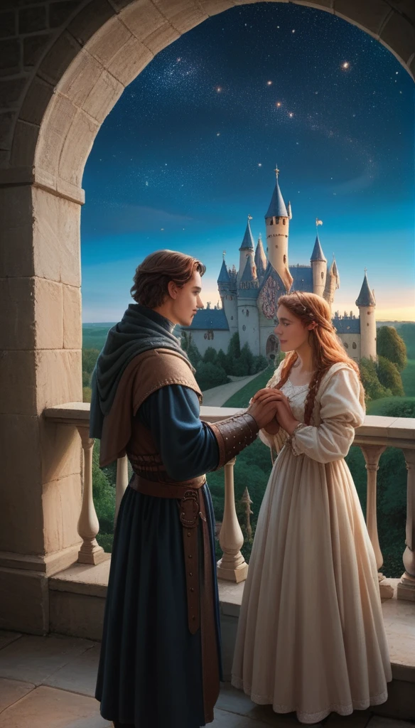 Medieval Castle: A grand medieval castle setting with the couple dressed in regal, period-specific clothing. They are standing on a balcony, looking out at a starry night sky, their hands gently touching.