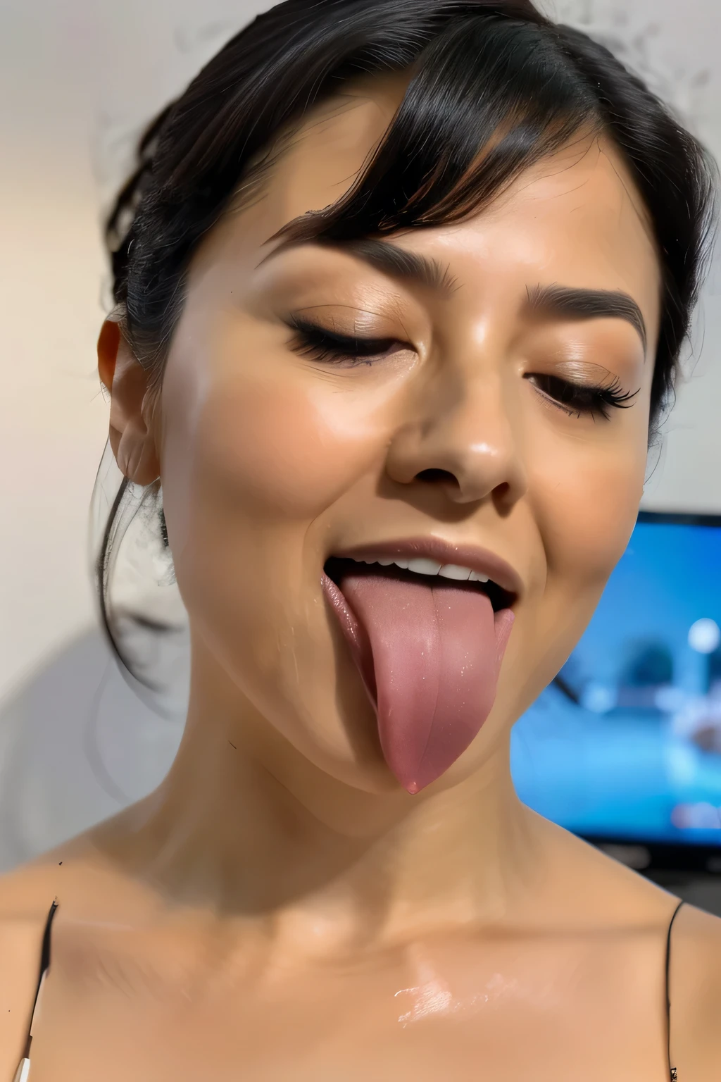 Image of a woman,、Face close-up、Smooth Skin、masterpiece、Highest quality、8K Photo、((close your eyes and open your mouth slightly))、close your eyes、Suffering face、(Wrinkles around the eyes:1.2),woman, 26 years old, Tank top、length, Pointed nose,,,,,,,,,,,,,,,Strong Nose、length, Narrow nostrils、Skin shiny with sweat、Lighting that highlights shiny sweat{Realistic nostrils}, Black-haired、((living,In front of the TV))、Shapely breasts、(Super wet skin),((ahegao,Sticking out a long tongue))(Close enough to kiss)Beautiful Japan actress,