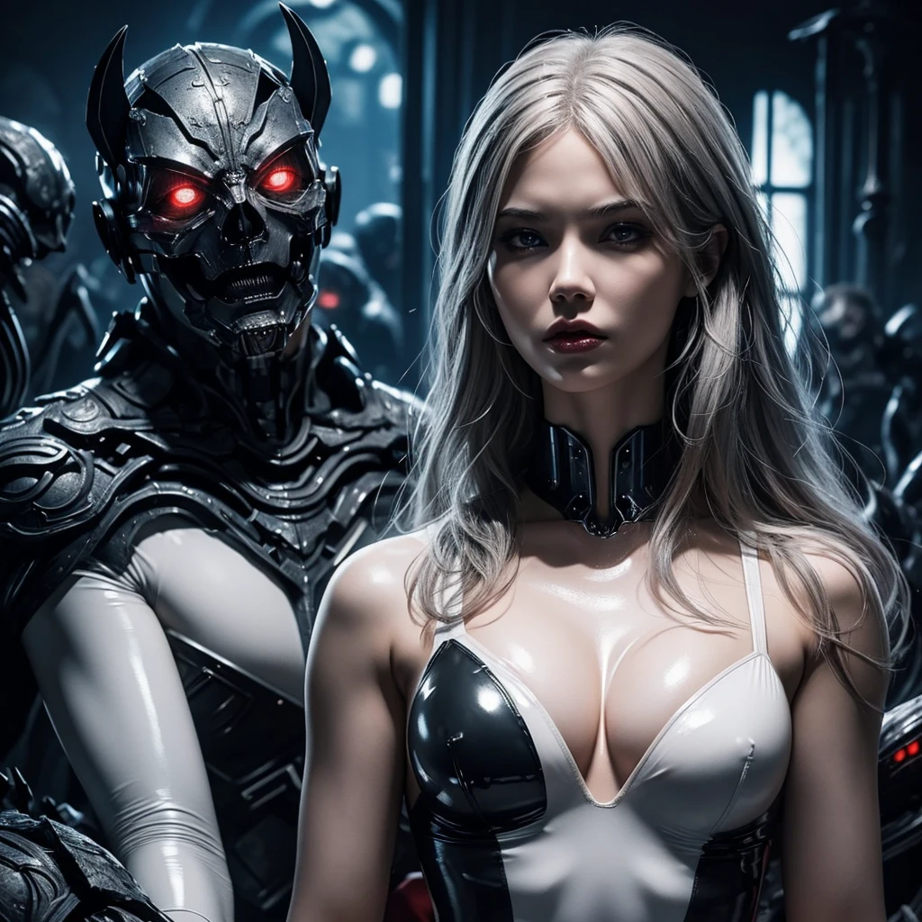 There's a demon woman dressed in white latex leotard standing in a dark room, dark scenario, thong leotard, beautiful Face, perfect face features, 1 Woman, alluring, seductive, shy, Slender with medium breast (fakebreast), goth makeup, albino skin color perfect body, Ultra Detailed, (Blood vessel attached to tube)(Bikini Cyborg Robot Parts)))), (Light Grey Hair), Long Hair, Wavy Hair,, Medium Shot, (((Seductive gaze, drooling)) proportional, sensual pose, upper body, horror movie, creepy scenario, horror background, cinematic, dramatic lights, ultra detailed, photorealistic, masterpiece, trending on Artstation.