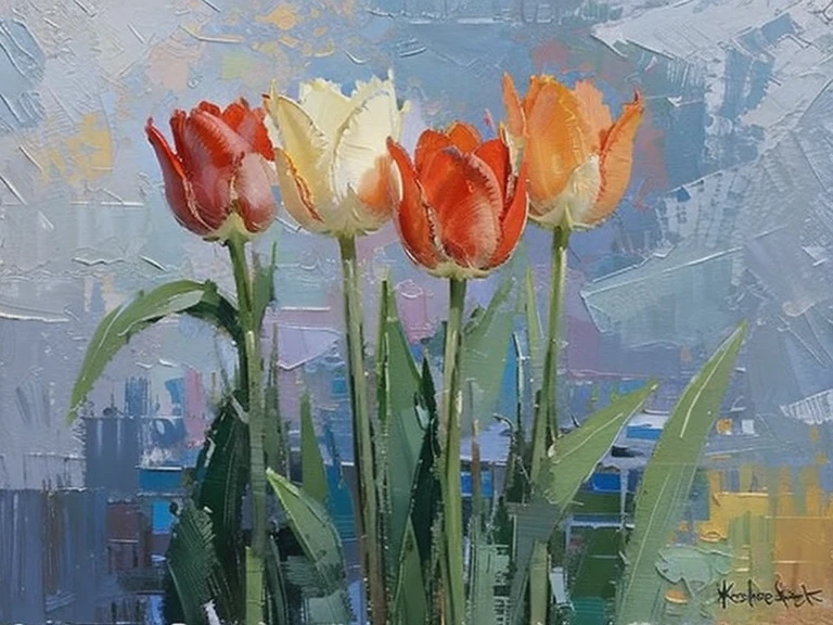 Modern art style, Tulips close-up, Vibrant colors, Abstract background