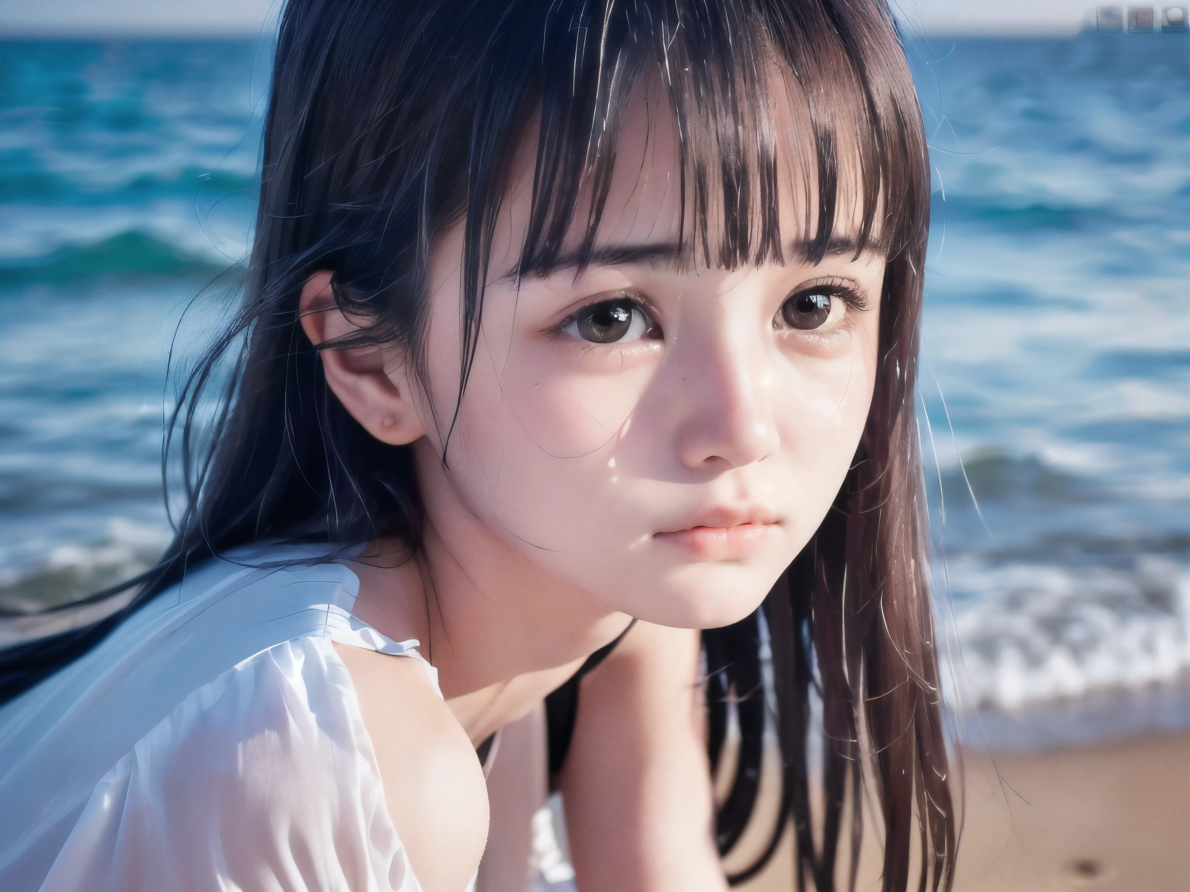 (Close up face shot of slender small-breasted half up brown long hair with bangs girl wearing a white summer dress:1.5)、(One girl is crying with tears at the cape of the sea in Japan:1.5)、(Beautiful midnight with full moon on the sea:1.5)、(blurred background:1.5)、(Natural light:1.5)、(8k ultra detailed master piece:1.5)、(perfect anatomy:1.5)、(Photorealistic stick:1.5)、(Raw photo:1.3)、(highest quality:1.5)、(High resolution:1.3)、(Delicate and beautiful perfect face:1.3)、(Delicate and beautiful eye air skin:1.3)、(Real Human Skin:1.3)、((thin legs))
