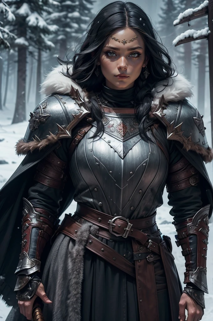 1girl, (warrior), winter clothes, (blood on face:0.8), (Norse:1.1),intricate, fur, shoulder armor, , long hair, (eyeliner:1), wind, blizzard, looking at viewer,jewelry,blue eyes ,detailed background, depth of field,glowing eyes (masterpiece, high quality:1), dual wielding,fist,Lady Knight，anatomical correct，epic fantasy digital art，tmasterpiece，8k，high-definition resolution，detailed drawing，Quality Superior，, Epic composition,​masterpiece, Best Quality, detailed, Cinematics, 4k, Background with:Viking buildings built on snowy fjord cliffs, Fierce viking woman warrior wearing armor and fur coat with rune tattoos,(best quality,4k,highres),(realistic,physically-based rendering),a girl,armor:simple,winter,fur,holding a sword,serious expression,vivid colors,portrait,sharp focus,studio lighting,detail of the eyes,metal texture,cold environment,forest background,falling snow,smoke effect,(best quality,4k,highres),(realistic,physically-based rendering),a girl,armor:simple,winter,fur,holding a sword,serious expression,vivid colors,portrait,sharp focus,studio lighting,detail of the eyes,metal texture,cold environment,forest background,falling snow,smoke effect
