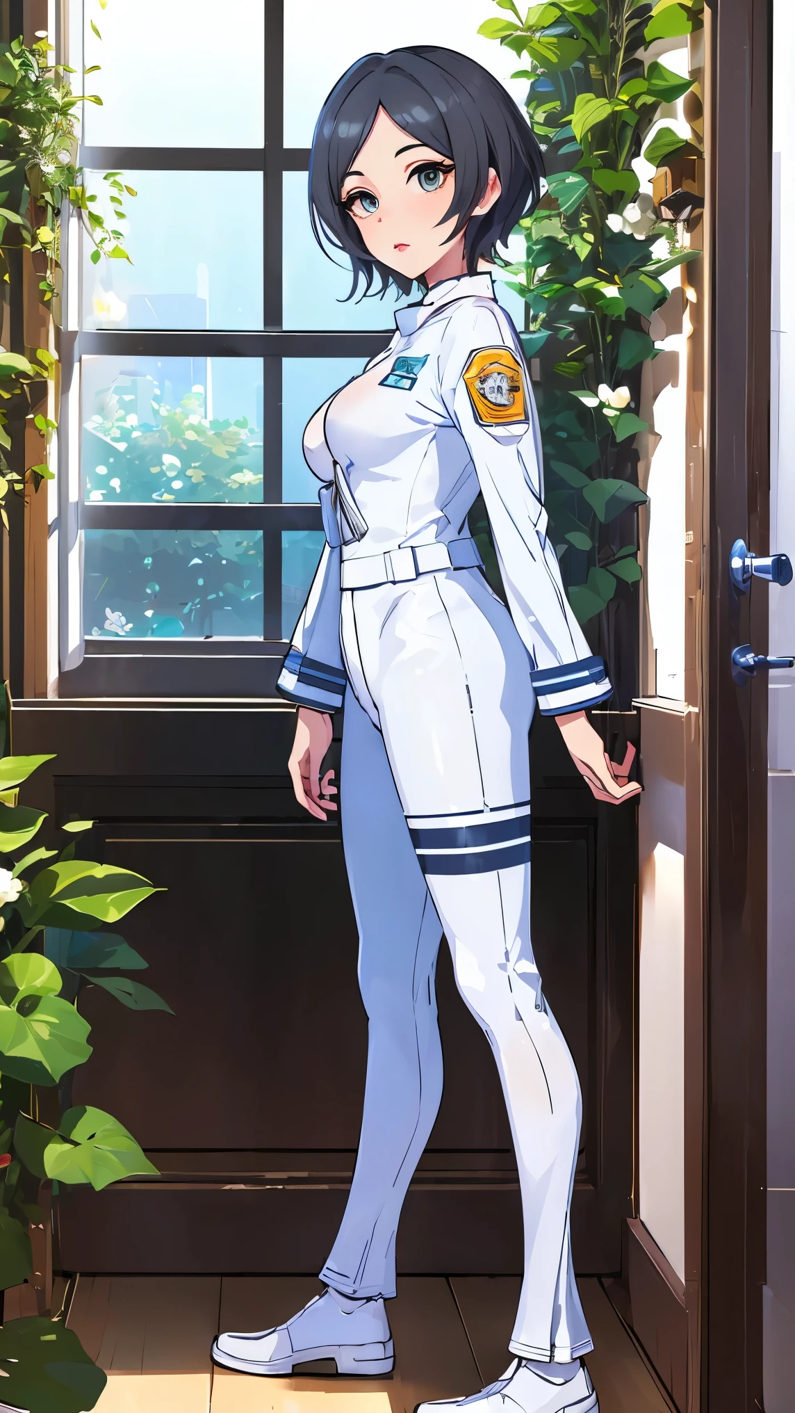 hayami kanade, idolmaster cinderella girls, in bedroom, 1girl, solo, full body, short hair, parted bangs, yellow eyes, large breasts,
BREAK ((white pilot suit:1.5)) 
BREAK standing in a large alcove in the room , standing in front of a window ,arms behind back, ball gown, in the garden of trees, wedding decorations,
BREAK (masterpiece:1.2), best quality, high resolution, unity 8k wallpaper, (illustration:0.8), (beautiful detailed eyes:1.6), extremely detailed face, perfect lighting, extremely detailed CG, (perfect hands, perfect anatomy),