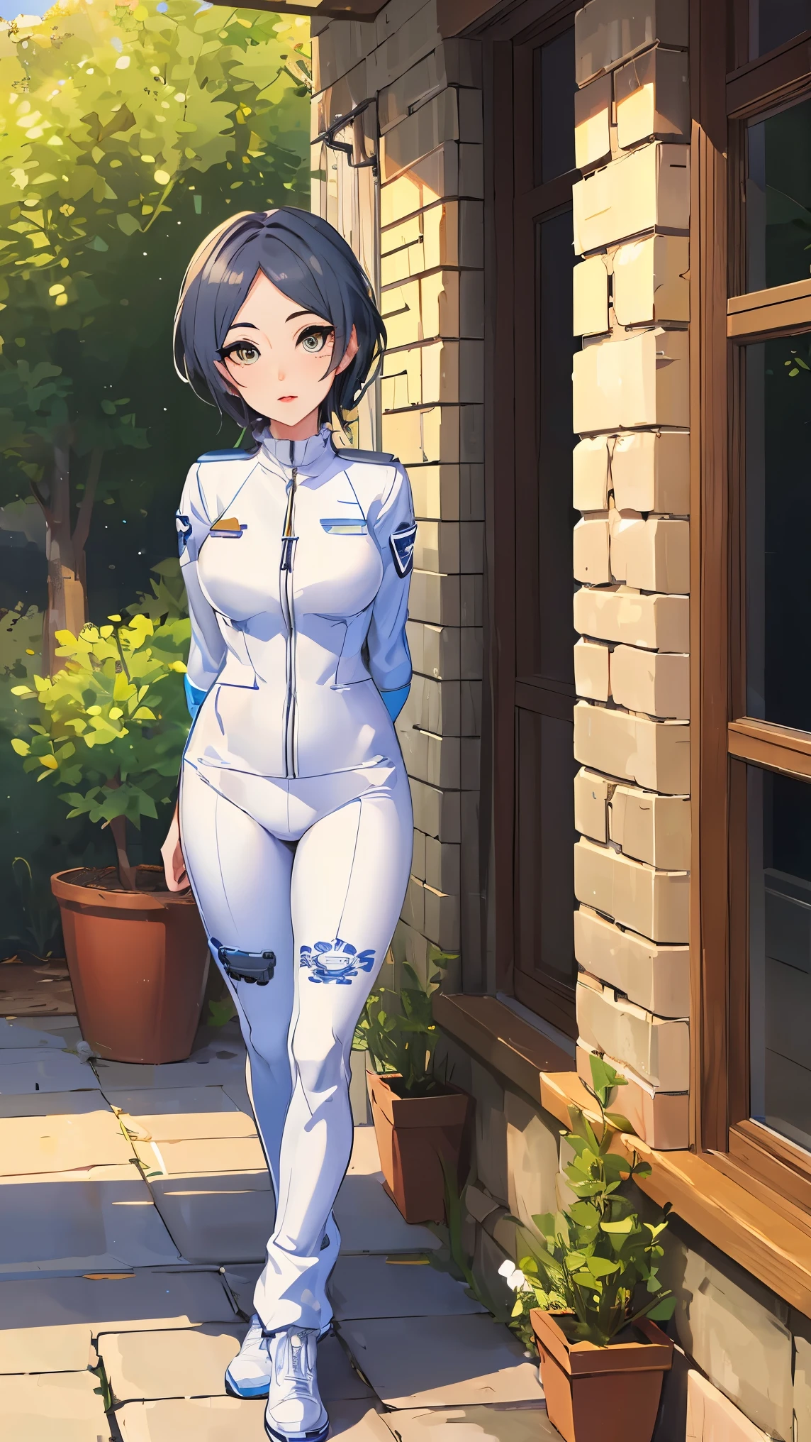 hayami kanade, idolmaster cinderella girls, in bedroom, 1girl, solo, full body, short hair, parted bangs, yellow eyes, large breasts,
BREAK ((white pilot suit:1.5)) 
BREAK standing in a large alcove in the room , standing in front of a window ,arms behind back, ball gown, in the garden of trees, wedding decorations,
BREAK (masterpiece:1.2), best quality, high resolution, unity 8k wallpaper, (illustration:0.8), (beautiful detailed eyes:1.6), extremely detailed face, perfect lighting, extremely detailed CG, (perfect hands, perfect anatomy),