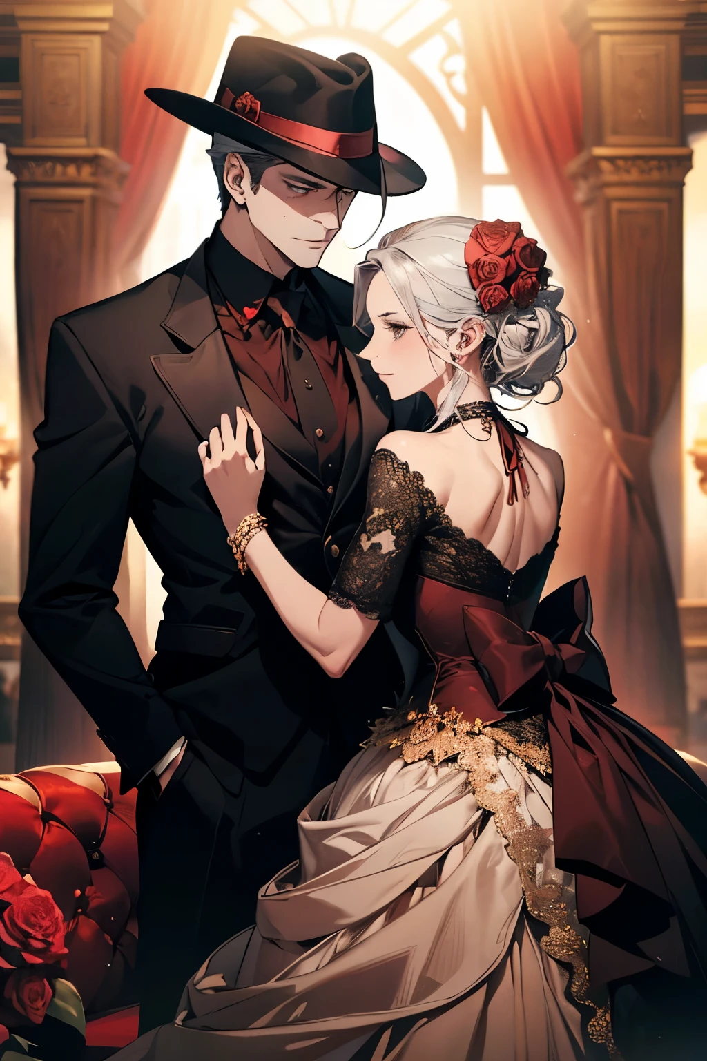 **Color Palette**: Select a color palette that exudes passion and mystery. Deep reds, blacks, and grays can symbolize both romance and the dangerous world of the mafia. Adding a hint of gold or silver can convey luxury and wealth.
**Images or Illustrations**:
- **Couple**: Feature a couple on the cover, with the female character (Emma) and the male character (Lucas) in an embrace, or a passionate pose. Make sure their chemistry is visible, but keep it tasteful.
- **Mafia Element**: Incorporate subtle mafia-related imagery, such as a silhouette of a man in a fedora, or a gun and roses, to hint at the danger in the story.