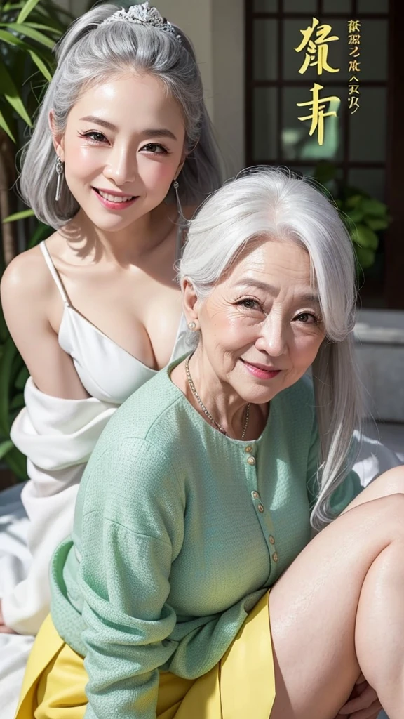 62 years old。smile、Your eyes are sparkling、white and gray Hair、upper class、dignity、haute couture、whole body 緑 clothes yellow green skirt A little more pure and clean The eyes are large Iris Japanese Wrinkled cute Beauty smile Shy Charm A few more wrinkles Old