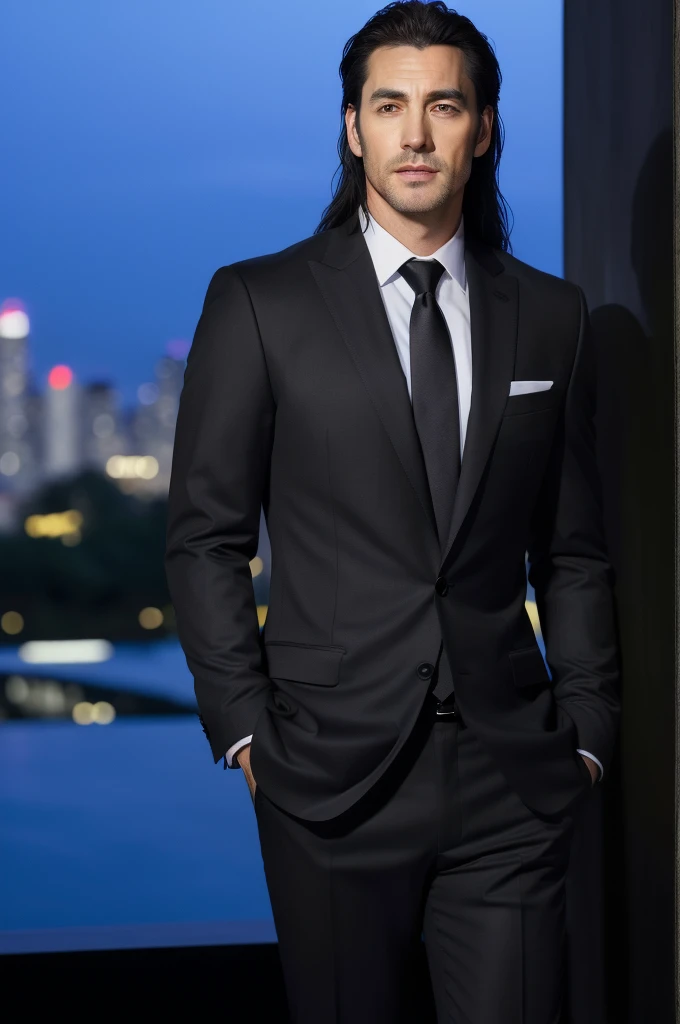 (absurdres, highres, ultra detailed, realistic, ), 1 male, solo, adult, mature, tall guy, broad shoulders, handsome, very long hair, black hair, brown eyes, angular jaw, thick neck, thick eyebrows, night, dark, the night view of the city background, formal suit, necktie, upper body
Slimmer body
Belly
slim waist