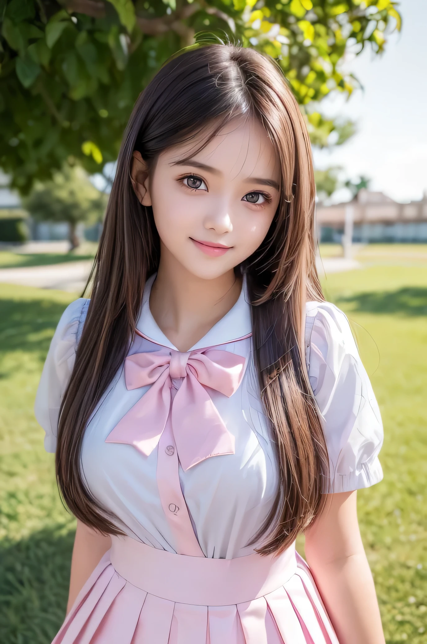 (Very beautiful cute girl), (very cute face:1.2),18 yo, (baby face),(sparking crystal clear attractive large eyes:1.2), Beautiful detailed eyes, Detailed double eyelids, (smiling), (realistic photograph:1.1), long straight brown hair,super shiny pink sailor high-school uniforms ,super shiny pink pleated skirt, pink sailor collar high-school uniform 