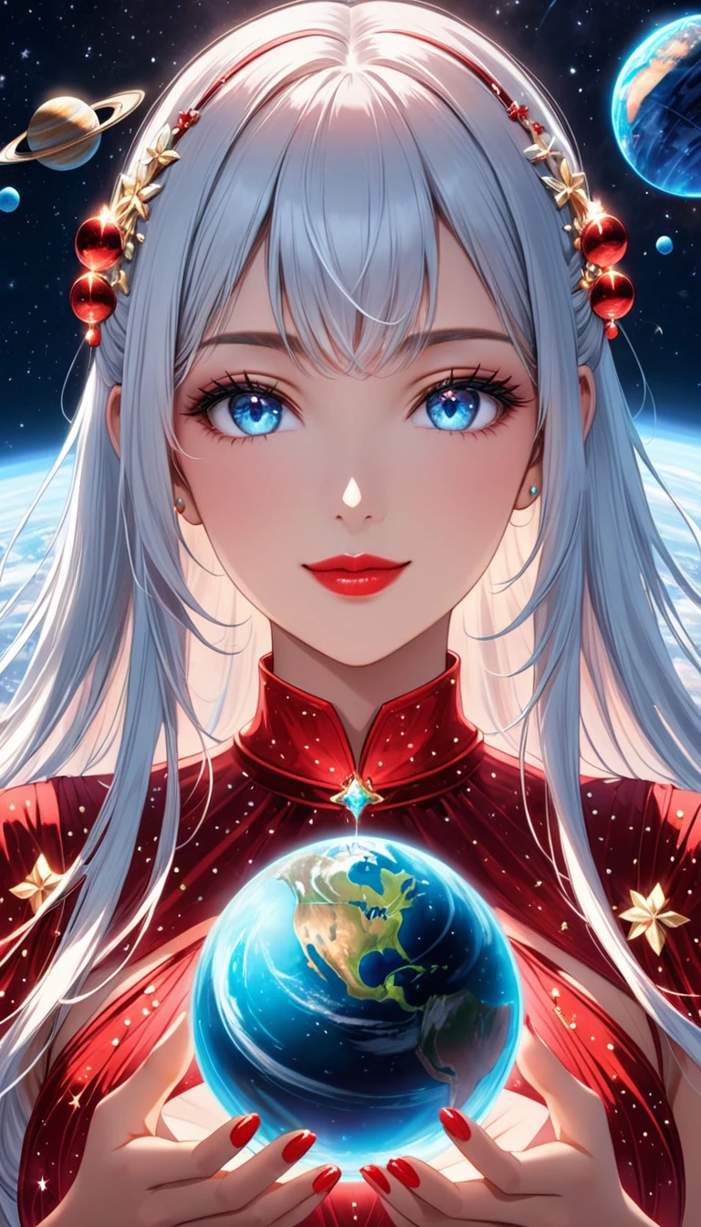 1girl,solo,portrait display,long hair, looking at viewer, smile, blue eyes, hair ornament, white background, jewelry, white hair, closed mouth,red lips,bioluminescent dress,looking below,Planet,giantess,jvdaniang,planet size,outer space,floating,Upper Body,Holding the planet