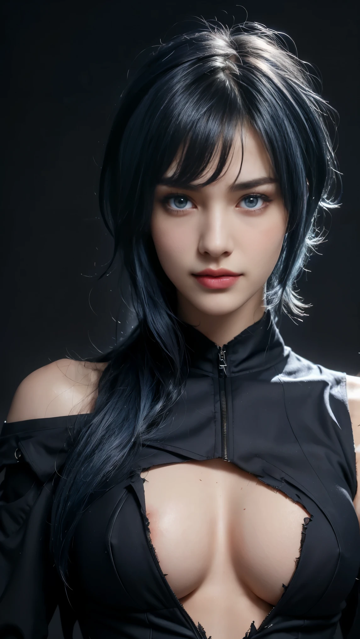 8K, Top Quality, Intricate Details, Ultra Detail, Ultra High Resolution, Masterpiece, close up shot, face shot, close up shot, portrait, face shot, passport shot, (full body: 1.1), Slender, Smile, ((smirk)) (Makeup: 0.4), ((,)), (Fluffy blue Eyes: 1.21), (()), 1girl, solo, 1 girl, ((, short hair ,bangs, blue hair, bangs, long hair, bangs, messy hair )), close up shot, , ((tall)), (((fit body))), (((slim face))), sharp face, ((, wind blow hair, )) , (detailed face), sharp face, small lips, ((skin tight suit, torn suit, ripped suit, torn sleave, ripped sleave)), , ((spread legs)), detailed face, detailed breast, , ((detailed nipples)), detail ass, Narrow Waist, Skinny, tall , 175 cm tall, Muscular, Navel, Exposed Abdomen, Pointed Chest,, Beautiful girl with accentuated slender abs: 1.4, Six Pack Abs: 1.4, Bust Botox, Big, Perfect Body, detail leg, (( dark background)), black background,