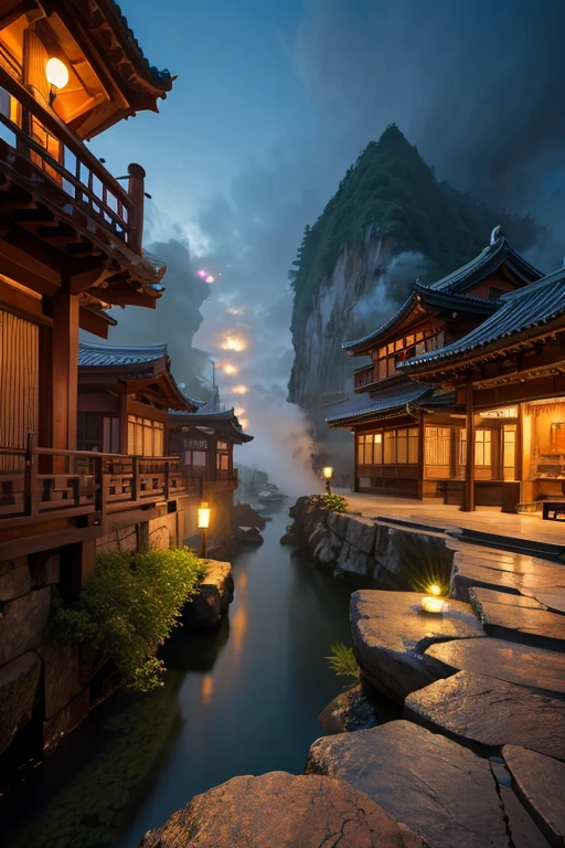 Asia Fantasy High Resolution Magnificent Beautiful Huge Cliff Japanese Style Street Rock Surface Reclamation Cyberpunk Smoke Town Night 